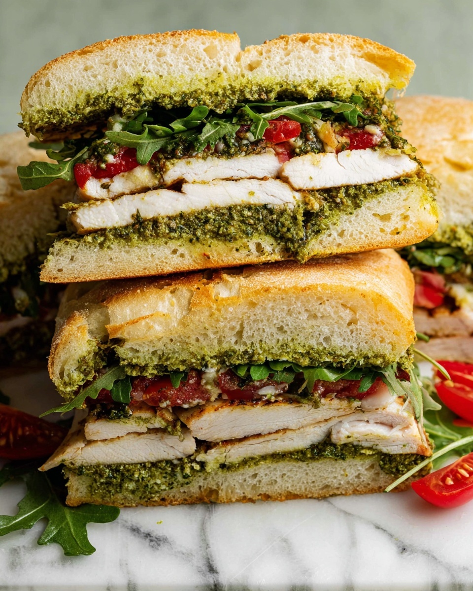 The image shows a sandwich cut into three big pieces, stacked on each other on a white marbled surface with some green and red pieces of tomato beside them. Each sandwich piece has a crispy light brown bread roll on top and bottom, with four clear layers inside: a bright green pesto sauce spread on the bread, a thick white grilled chicken layer, fresh dark green leafy arugula, and slices of red tomato. The textures show the soft bread, the smooth chicken, the moist pesto, and the fresh leafy greens all visible. Photo taken with an iphone --ar 4:5 --v 7