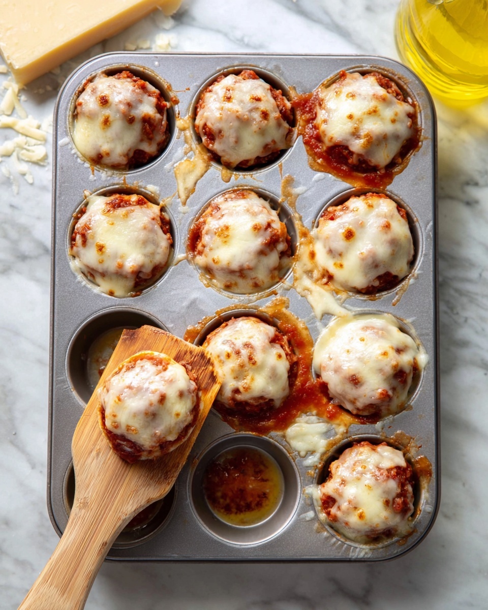 A metal muffin pan holds nine small rounds of baked food, each topped with melted white cheese covering a layer of red sauce underneath. One round is being lifted by a wooden spatula, showing its round shape and the same layers of sauce and cheese. The pan is placed on a white marbled surface, with a yellow bottle and a block of cheese partly visible in the background. The melted cheese is bubbly and slightly browned in spots, with some sauce dripped around the edges of the pan. photo taken with an iphone --ar 4:5 --v 7