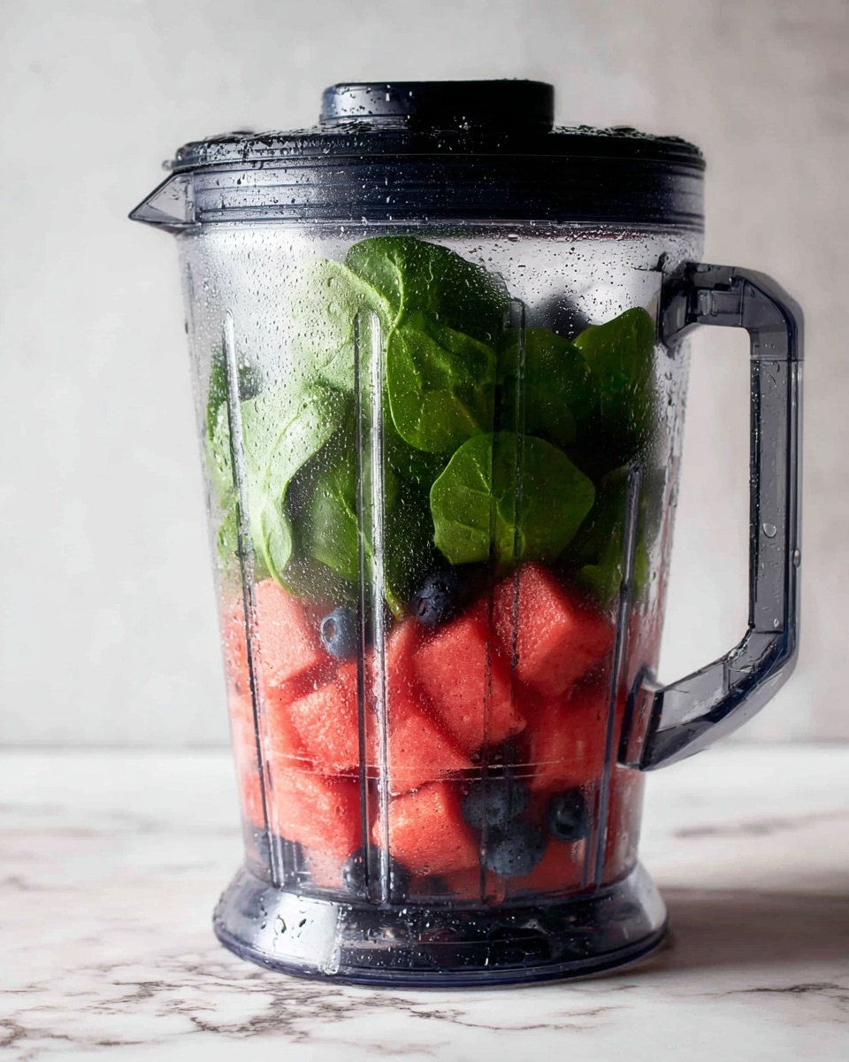 A clear blender jar filled with three visible layers: at the bottom, bright red watermelon chunks with a juicy texture; above them, a few scattered dark blueberries adding small, round shapes; on top, fresh green spinach leaves with smooth, slightly wrinkled surfaces. The blender has a black lid and handle, and the jar shows drops of water on the outside. It is placed on a white marbled surface. Photo taken with an iphone --ar 4:5 --v 7