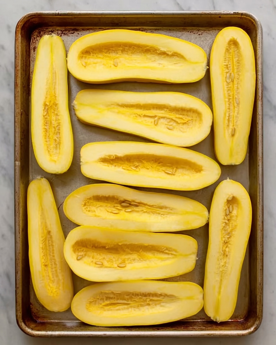 The image shows a metal baking tray with eleven pieces of sliced yellow squash arranged in three rows. Each piece is sliced lengthwise, displaying pale yellow flesh with small seeds in the center. The squash pieces vary slightly in shape but are mostly oval and elongated. The tray sits on a white marbled surface. photo taken with an iphone --ar 4:5 --v 7