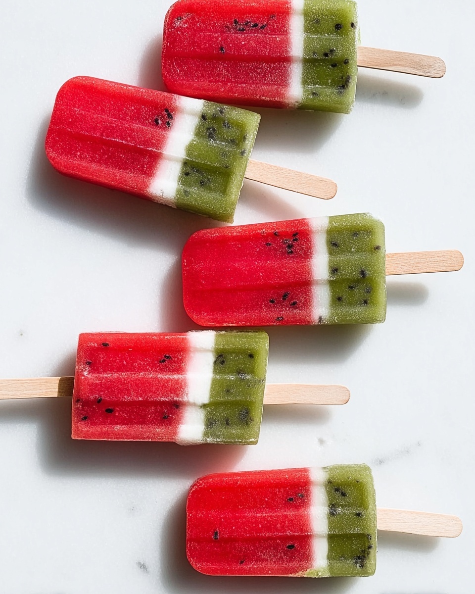 Five popsicles are placed on a white marbled surface in a scattered arrangement. Each popsicle has three layers: the bottom layer is green with a slightly textured look, the middle layer is white and smooth, and the top, largest layer is red with visible dark spots resembling seeds inside. Each popsicle has a wooden stick protruding from the green layer. The image is bright, with clear lighting casting soft shadows under the popsicles. The overall look is fresh and colorful. photo taken with an iphone --ar 4:5 --v 7