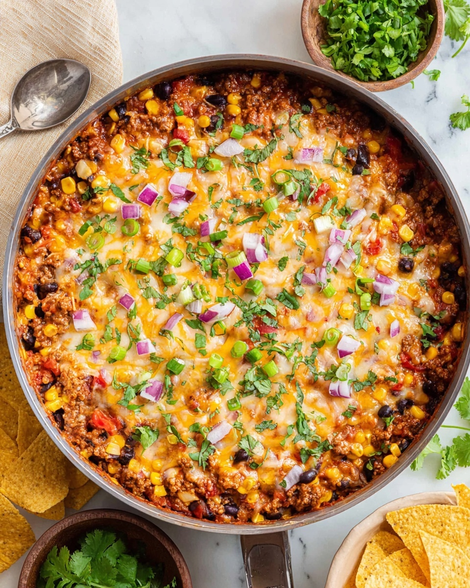 A round gray pan holds a cooked layered dish with visible layers of yellow-orange melted cheese mixed with white cheese on top, sprinkled with chopped green onions, fresh cilantro, and small purple-red onion pieces. Beneath the cheese, a mix of ingredients shows black beans, yellow corn, red bell pepper pieces, and ground meat cooked in a rich sauce. The mixture looks thick and textured, filling the pan fully. The pan sits on a white marbled surface, surrounded by tortilla chips, fresh cilantro sprigs, a beige cloth, a silver spoon to the side, and a bowl of extra fresh cilantro leaves. Photo taken with an iphone --ar 4:5 --v 7