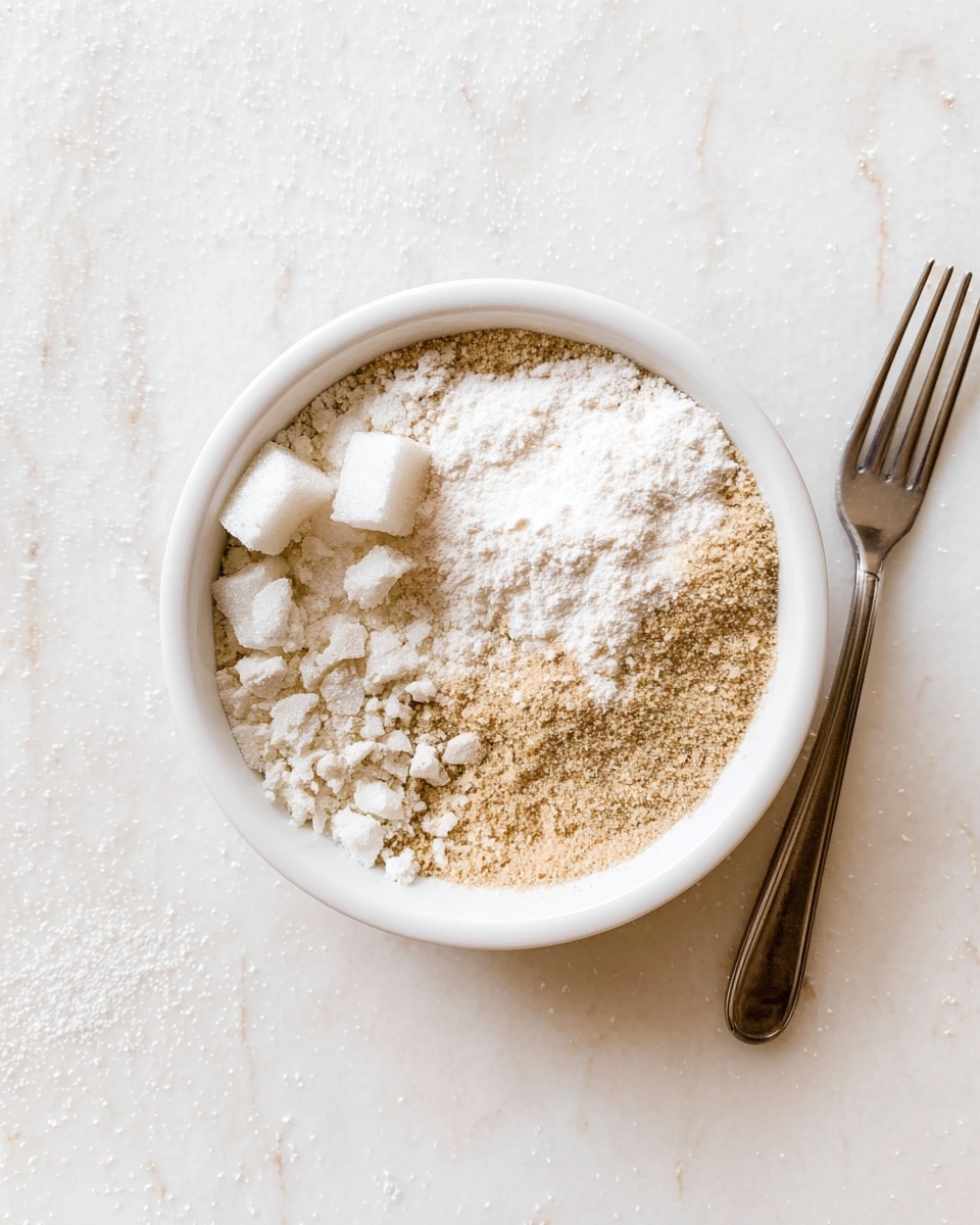 A small white bowl sits on a white marbled surface, filled with three different powders. The bottom layer is a light brown sugar texture spread evenly inside the bowl. On top, there is a pile of white powder covering part of the brown sugar, with another smaller pile of finer white powder placed near the center. A few larger chunks of white powder rest on the left side of the bowl. A metal fork is placed to the right side of the bowl, partially resting on the surface. Photo taken with an iphone --ar 4:5 --v 7