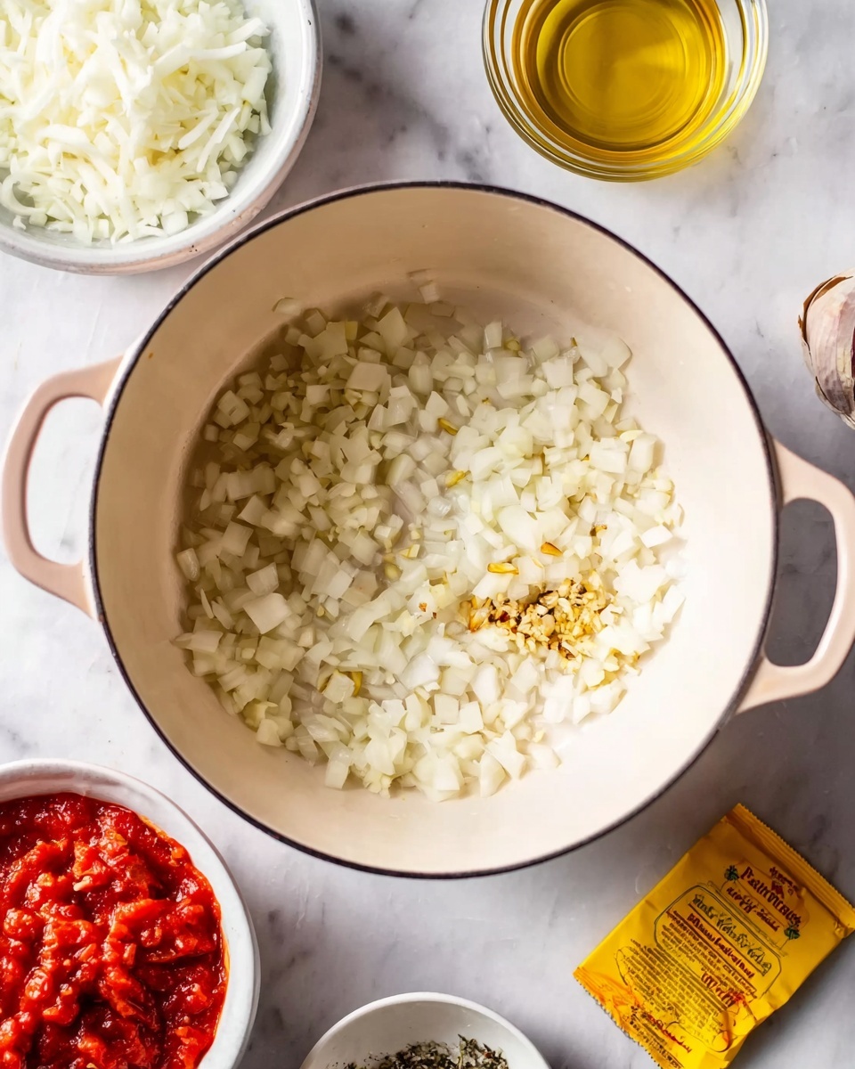 A white pot filled with chopped white onions and minced garlic in the center, resting on a white marbled surface. Around the pot, starting from the top left corner, there is a bowl with shredded white pieces, a small glass bowl filled with a golden liquid that looks like oil, and a white bowl containing a chunky red tomato mixture. A yellow seasoning packet lies flat beside these bowls. The overall scene is bright and organized, with all elements clearly visible. Photo taken with an iphone --ar 4:5 --v 7