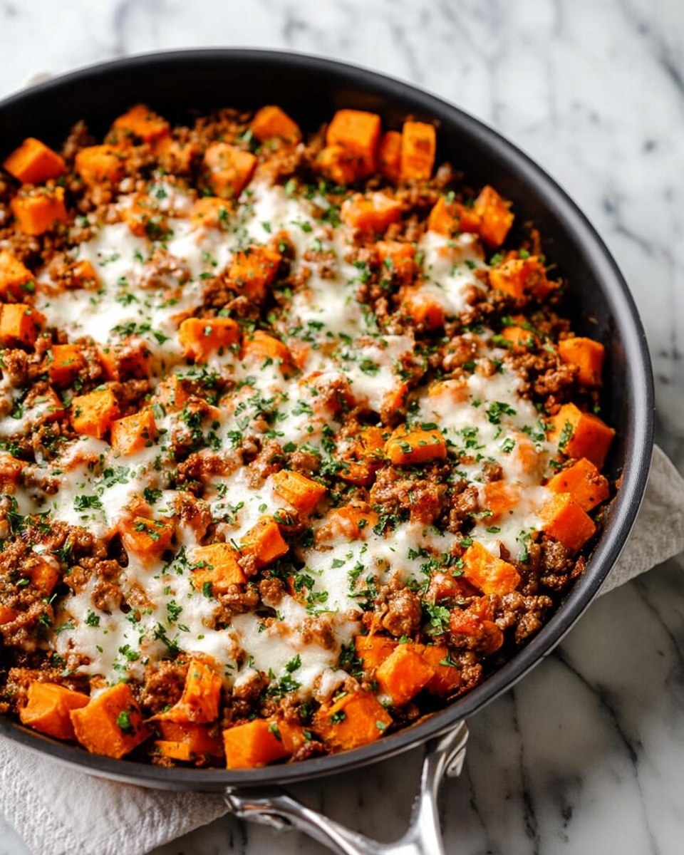 A white pan filled with a mix of three main layers: bright orange sweet potato cubes, brown ground meat pieces, and melted white cheese scattered on top. The sweet potato cubes are chunky and soft looking, evenly mixed with the crumbly textured meat. The melted cheese is smooth and slightly stringy, covering parts of the meat and sweet potatoes. A wooden spoon is resting inside the pan on the right side. The pan is placed on a white marbled surface, and a corner of a white and striped cloth is visible nearby. Photo taken with an iphone --ar 4:5 --v 7