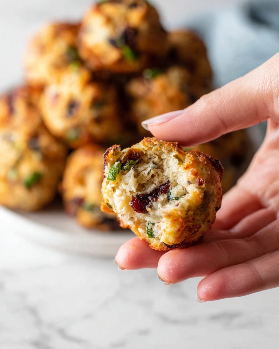 The image shows a close-up of a small, round bread ball with a golden-brown crust, dotted with dark red dried cranberries and green herbs mixed into the dough. The bread ball is slightly textured and crispy on the outside. Behind it, there is a white ceramic dish filled with more of the same bread balls, piled on top of each other. The surface beneath is a white marbled texture, and a soft white and green cloth is placed in the background. The lighting is soft and natural, highlighting the warm colors of the bread photo taken with an iphone --ar 4:5 --v 7