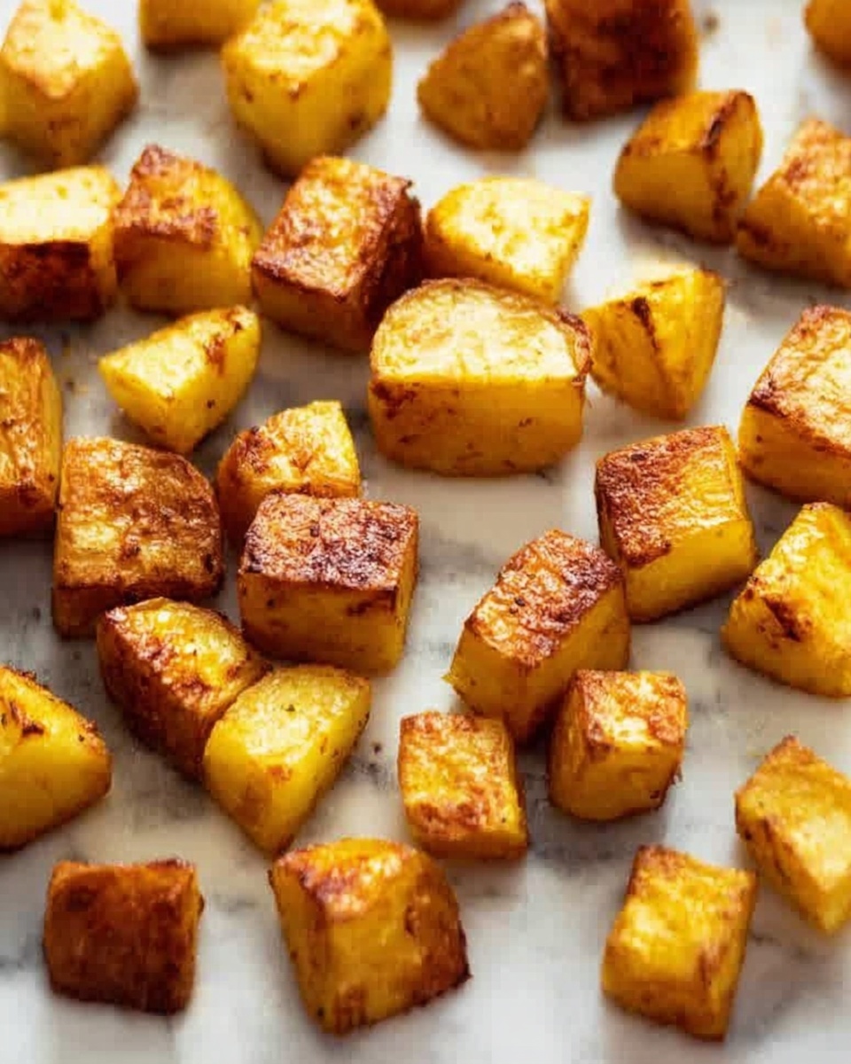 The image shows a close-up of golden-brown roasted potato cubes spread across a white marbled surface. The potato pieces are evenly cut into small, roughly equal-sized cubes, each with a crispy, browned outer layer and soft interior visible in some pieces. The cubes have a slightly rough texture on the browned edges, showing a well-roasted finish. The lighting highlights the shine on the surface of the potatoes, emphasizing their crispiness and warmth. Photo taken with an iphone --ar 4:5 --v 7