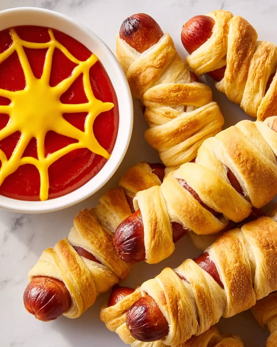 A white plate sits on a white marbled surface and holds several small sausages wrapped in golden-brown dough twisted around them, resembling mummies with button-like yellow dots for eyes near the top. In the center of the plate is a white bowl filled with two sauces: a smooth bright yellow layer spread evenly and a rich red sauce swirled on top in a spiderweb pattern. One sausage is being dipped into the bowl by a woman's hand, showing soft, flaky texture on the dough wrapped tightly around the sausage. photo taken with an iphone --ar 4:5 --v 7