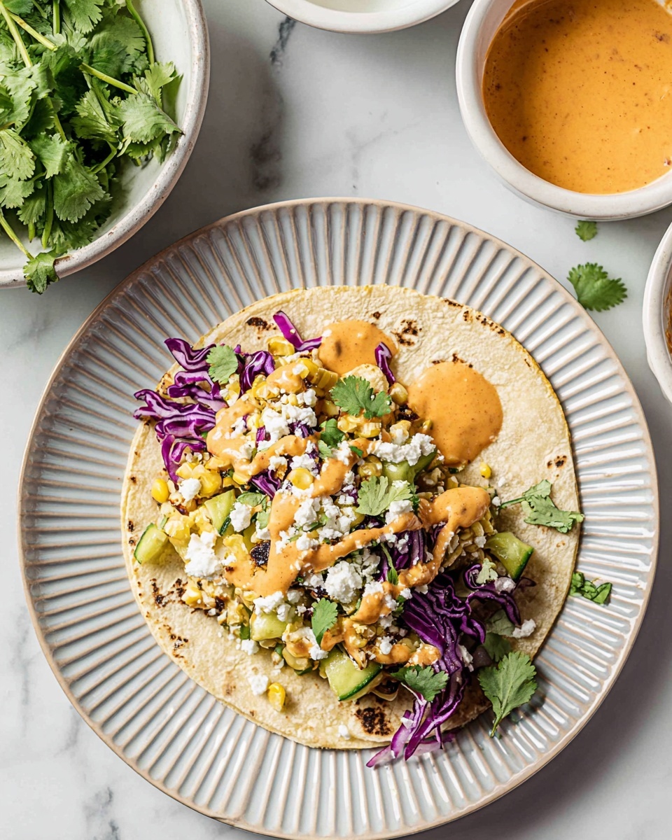 A soft tortilla wraps grilled yellow corn and light green zucchini pieces as the first layer, topped with bright purple shredded cabbage on the right side. White crumbled cheese is scattered over the vegetables, with small green cilantro leaves adding color on top. An orange creamy sauce is drizzled over the center and left side, blending with the textures beneath. The tortilla rests on a white plate with a ribbed edge, all placed on a white marbled surface. Nearby, a white bowl holds fresh green cilantro leaves, and another white bowl contains more orange sauce. Photo taken with an iphone --ar 4:5 --v 7