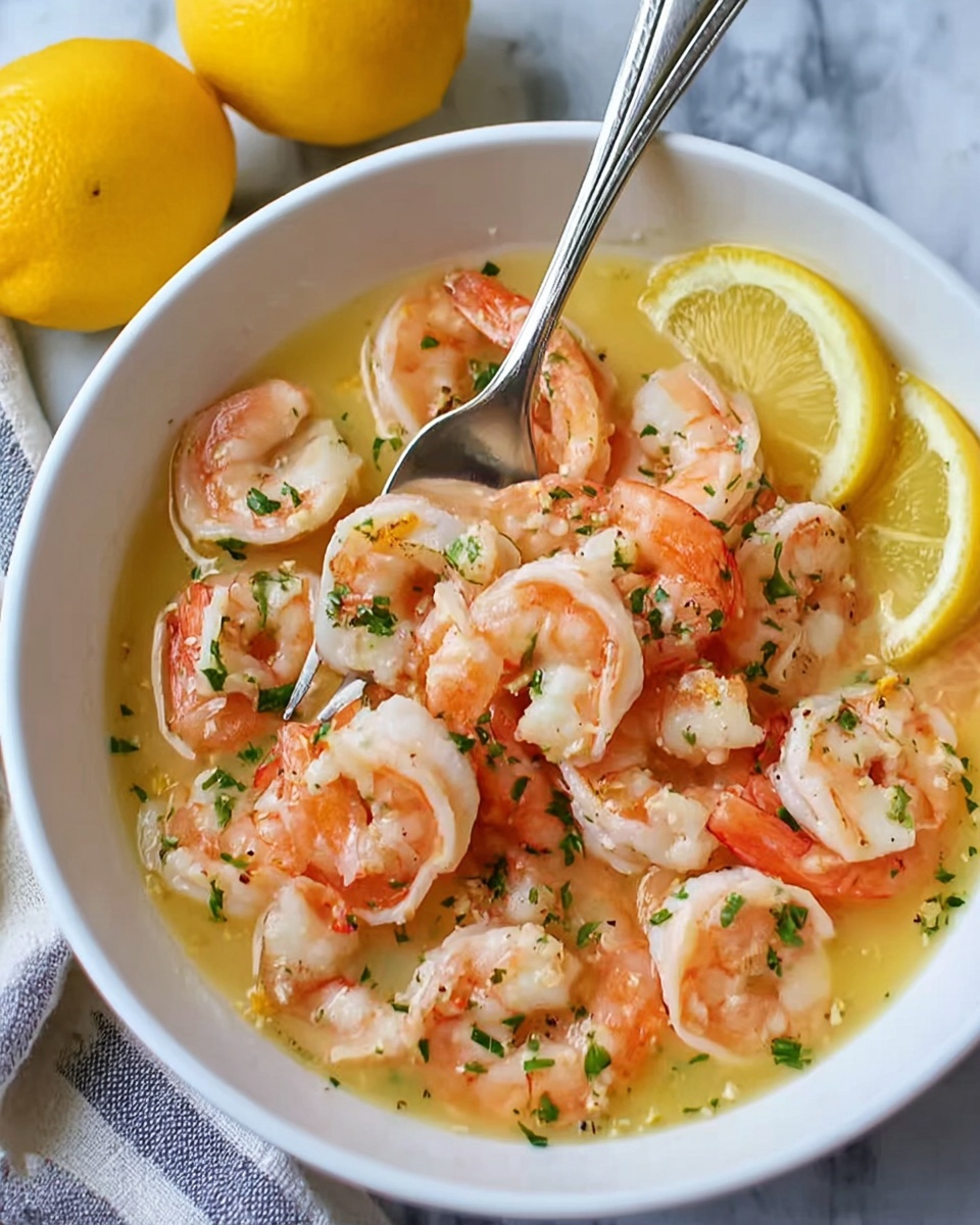 This image shows a white bowl filled with cooked shrimp in a light yellow sauce. The shrimp are pinkish-orange with some white parts, arranged evenly in the bowl. Small bits of green herbs are sprinkled on top of the shrimp. Two lemon wedges are placed on one side inside the bowl, and a silver fork is resting in the bowl with its handle extending outside the bowl. The bowl sits on a white marbled surface with two whole yellow lemons nearby. Photo taken with an iphone --ar 4:5 --v 7