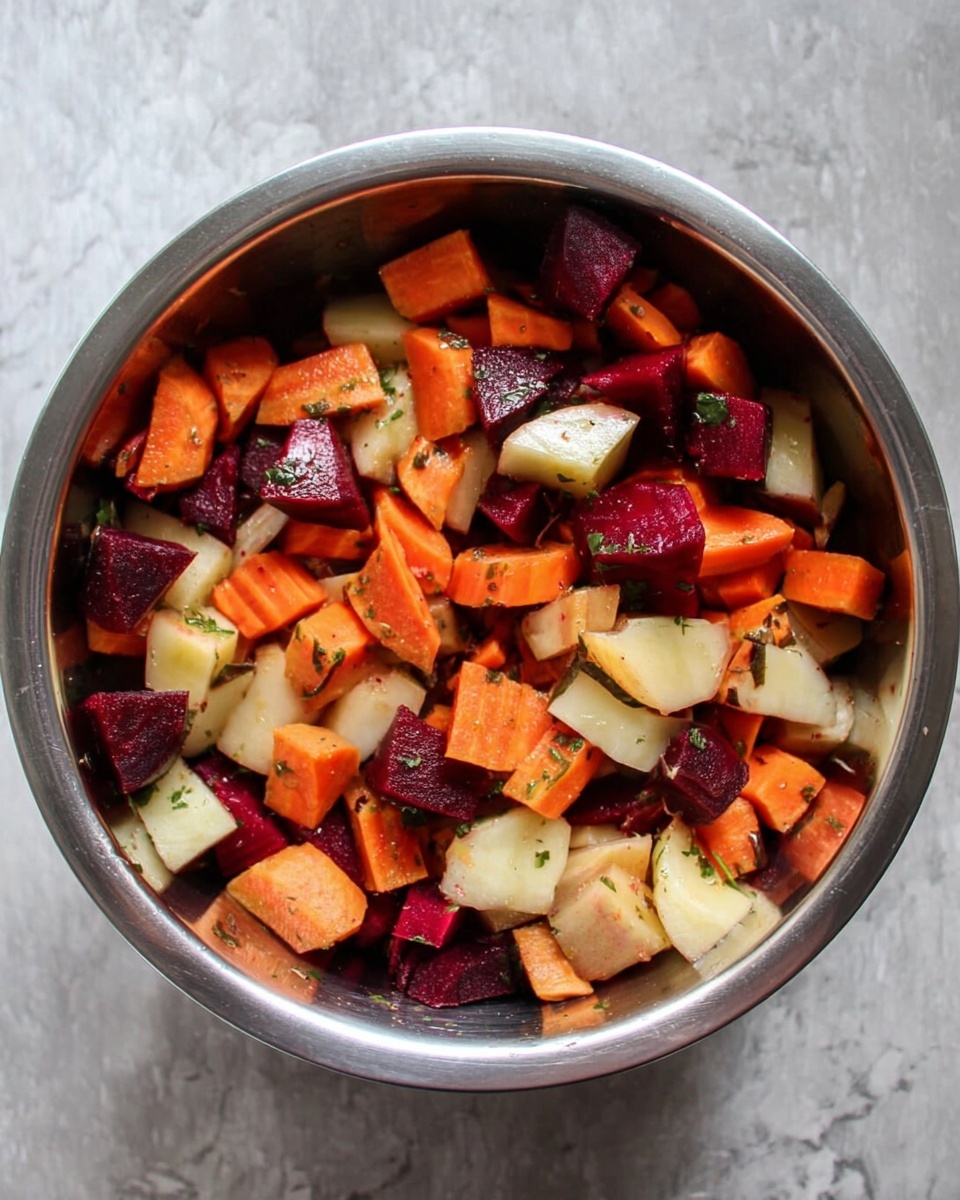 A metal bowl filled with unevenly chopped vegetables, including bright orange carrot pieces, deep red beet chunks, sweet potato pieces in light orange, and pale white parsnip segments; the vegetables appear mixed with oil and herbs, giving a slight shine and a speckled texture to the pieces, all sitting on a white marbled surface photo taken with an iphone --ar 4:5 --v 7
