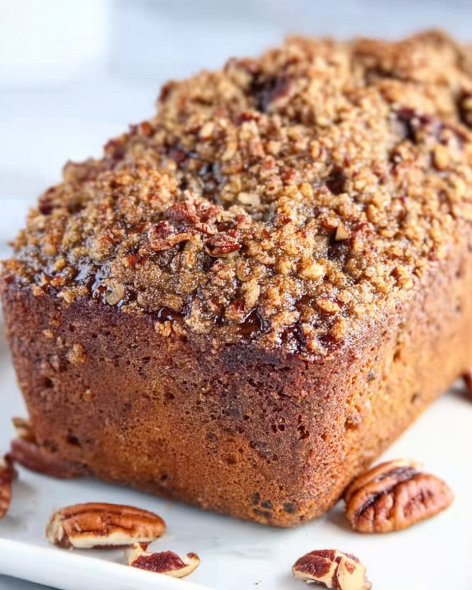 The image shows a close-up of a rectangular loaf topped with a crunchy layer of chopped pecans and a textured, caramel-like coating. The crust is golden brown with a slightly rough surface, showing small bubbles and cracks. The sides of the loaf are smooth and darker brown, indicating it was baked evenly. The loaf rests on a white plate placed on a white marbled surface. Fallen pecan pieces are scattered around the plate, adding to the rustic presentation. Photo taken with an iphone --ar 4:5 --v 7