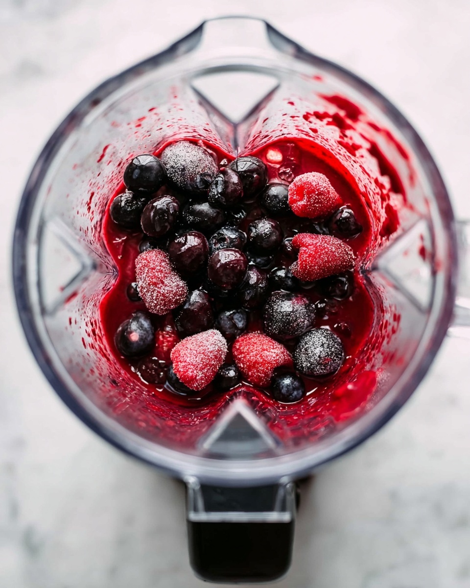 Inside a clear blender jar, there is a mix of whole dark blueberries and red raspberries along with some crushed berries, all soaked in a bright red juice that pools at the bottom. The berries appear shiny and fresh, some with a slight frost-like texture. The blender has a black base, and the scene is set on a white marbled surface. photo taken with an iphone --ar 4:5 --v 7