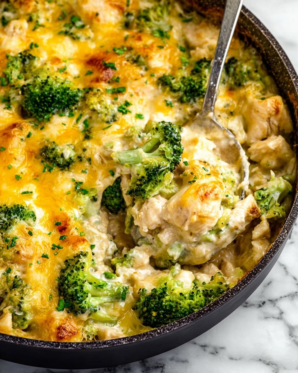 A close-up of a creamy casserole in a rectangular beige baking dish, showing three visible layers: the bottom layer is a thick, creamy white sauce mixed with small broccoli florets that add green pops; the middle layer contains soft, uneven chunks of white chicken pieces blending into the sauce; the top layer is covered with melted golden orange cheese and a crunchy, golden brown crumb topping scattered unevenly; a wooden spoon rests inside the dish, scooping out a portion that displays all the layers together. The dish sits on a white marbled surface with some dark fabric and a white plate partially visible nearby. photo taken with an iphone --ar 4:5 --v 7