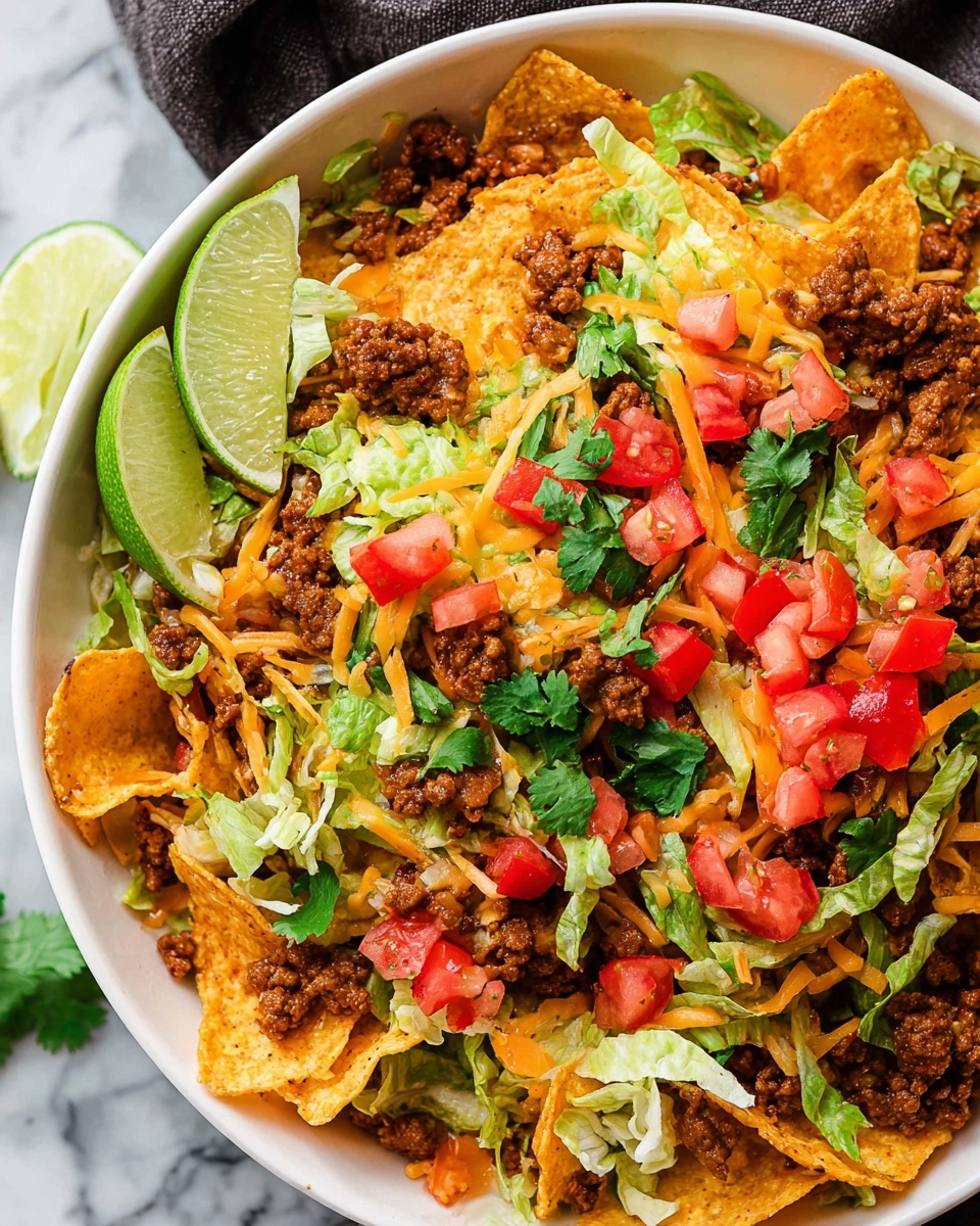 A bowl of layered taco salad is shown on a white marbled surface, with a black bowl in focus holding the salad. The bottom layer is a mix of crisp green lettuce and ground cooked beef in brown color scattered throughout. On top, there are broken yellow corn tortilla chips and shredded light yellow cheddar cheese. Bright red chopped tomatoes are sprinkled as the next layer, with small green cilantro leaves scattered on top. Two lime wedges with green skin and pale green flesh rest on the side of the salad. A silver fork is placed inside the bowl. In the background, a white bowl holds more of the same salad with lime wedges on top, resting on soft black and white patterned cloths, and a red sauce bottle stands nearby. photo taken with an iphone --ar 4:5 --v 7