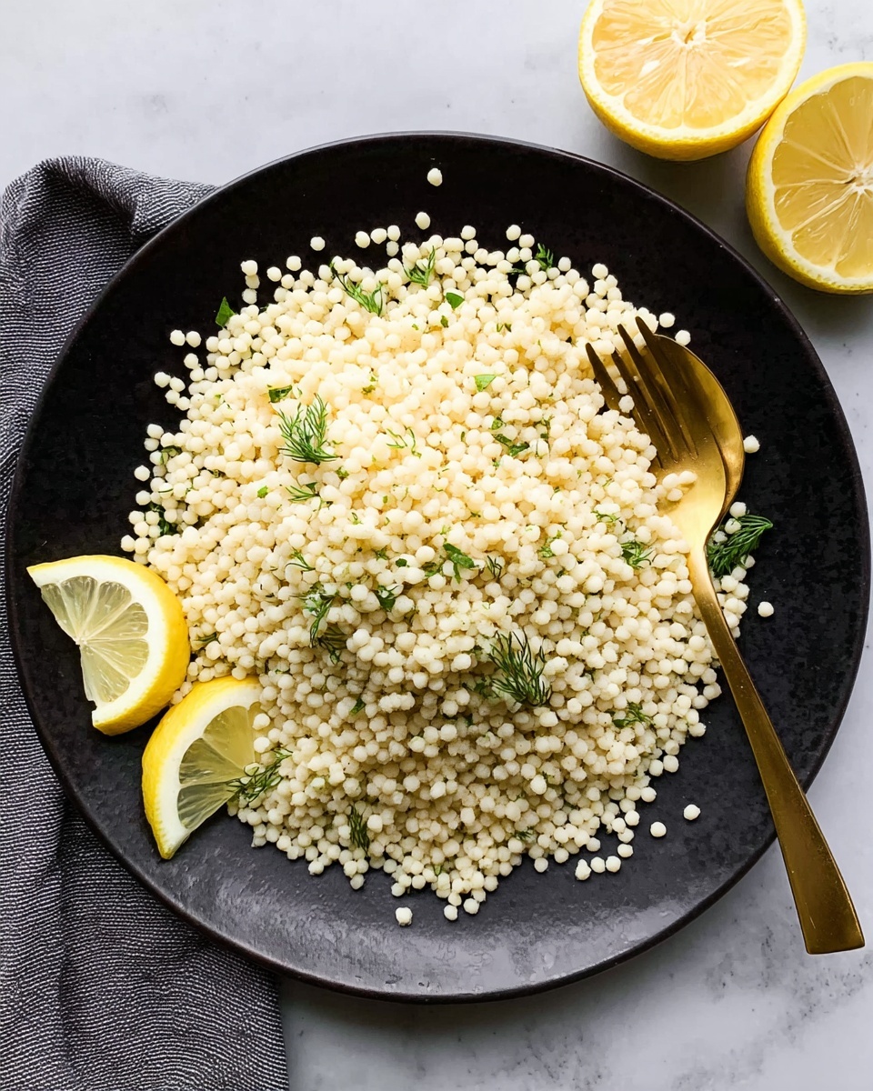 A black round plate filled with a single layer of small, round white couscous grains. The couscous is lightly speckled with small green dill leaves scattered on top. Two thin lemon wedges are placed on the bottom left edge of the plate, slightly overlapping. A shiny gold spoon and fork rest on the right side of the plate, partially on the couscous. The plate is set on a white marbled surface with two lemon wedges in the top right corner of the image. Photo taken with an iphone --ar 4:5 --v 7