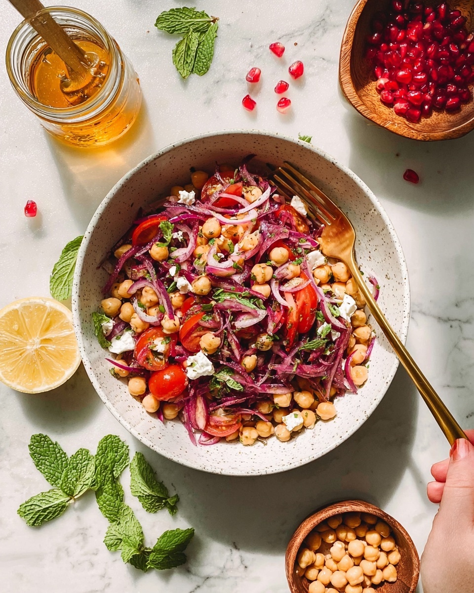 The image shows a white bowl filled with a colorful salad. The salad has three main layers: the bottom layer is light brown chickpeas scattered evenly, the middle layer is thin purple-red strips of beetroot mixed with some sliced bright red cherry tomatoes, and the top layer is small white chunks of cheese sprinkled along with green herbs including mint leaves and cilantro. The salad is accented by thin slices of red onion scattered throughout. The bowl sits on a white marbled surface with a golden fork resting inside the bowl on the right side and a golden spoon on the left. Around the bowl there is a jar of golden honey with a spoon inside, a lemon wedge, some loose mint leaves, scattered pomegranate seeds, and a small bowl of chickpeas. A woman's hand is reaching from the top right corner holding a small wooden container. The lighting highlights the freshness and vibrant colors of the ingredients, photo taken with an iphone --ar 4:5 --v 7