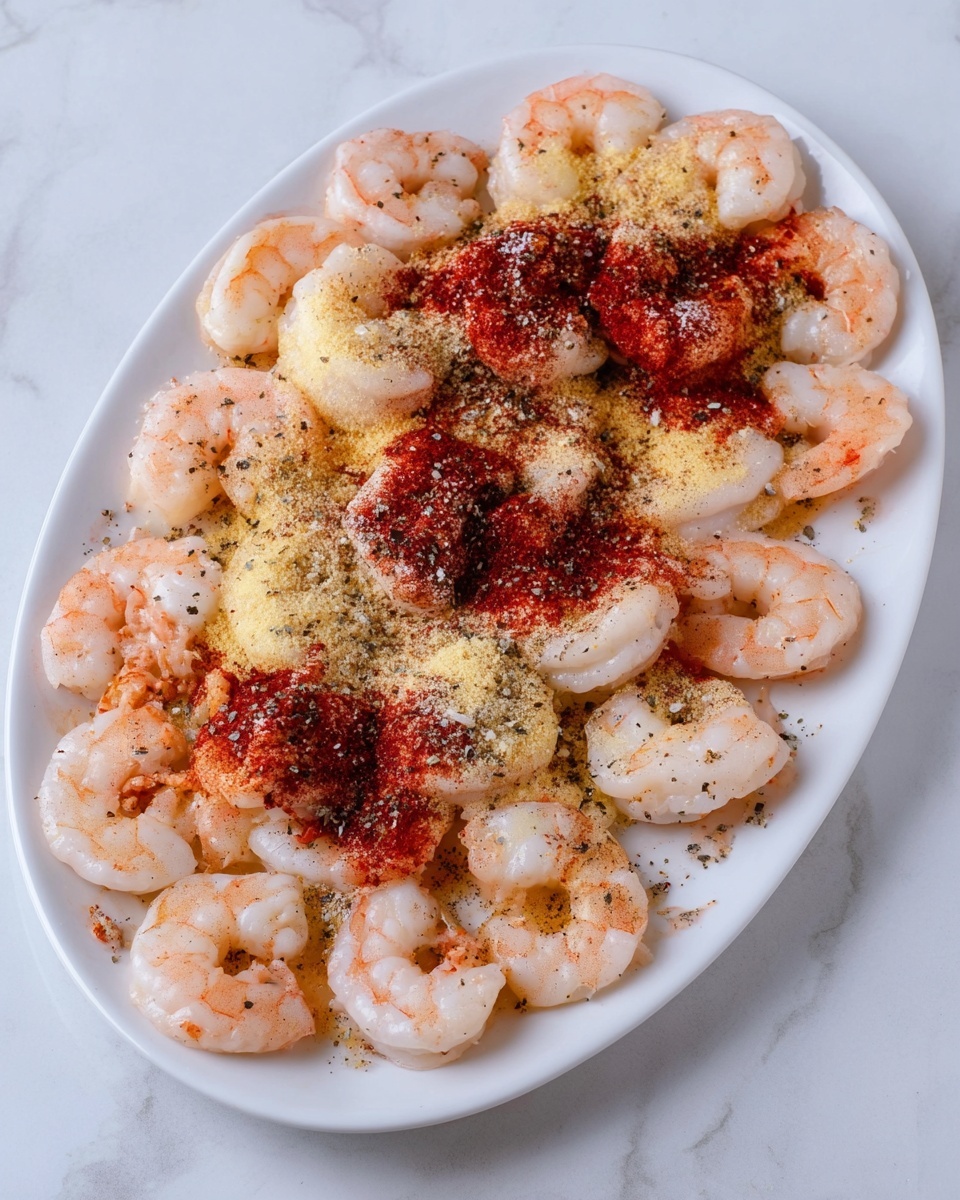 A white oval plate is filled with a single layer of pale pink cooked shrimp arranged around the edge. The shrimp surround a center layer of more shrimp coated with various powders and spices, showing colors of deep red, light beige, and black flecks, creating a textured and colorful appearance. Some shrimp have a dusting of a yellowish powder, while others show areas of dark seasoning and salt crystals scattered unevenly on top. The plate is placed on a white marbled surface. photo taken with an iphone --ar 4:5 --v 7