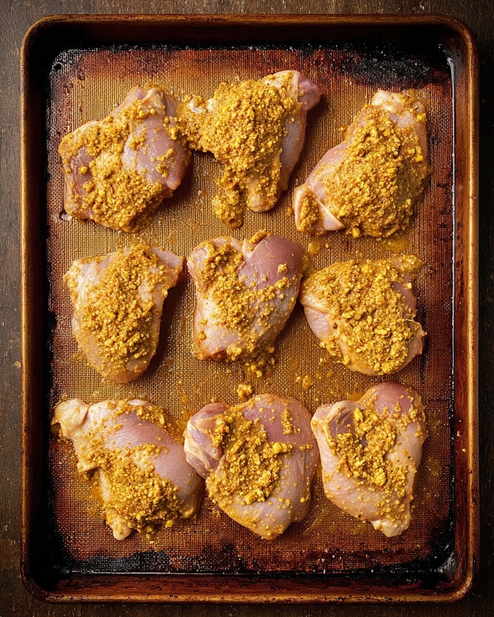 A baking tray with eight raw chicken pieces spread out evenly on it. Each piece is covered with a rough, chunky mixture of yellowish spices and garlic, giving a textured look on top of the pale pink skin of the chicken. The tray has a brownish non-stick mat underneath the chicken, and the edges of the tray show signs of use with some burnt marks. The image is clear and focused from above, showing the raw chicken pieces ready for cooking. photo taken with an iphone --ar 4:5 --v 7