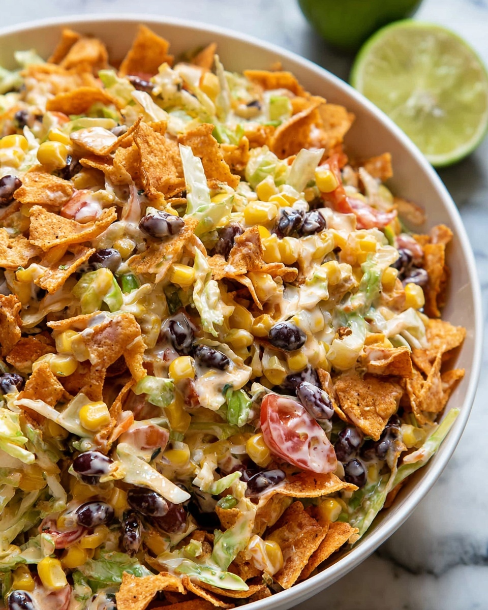 A white bowl is filled with a colorful mix of shredded light orange carrots, black beans, yellow corn, chopped green onions, and small pieces of red and green vegetables, all tossed in a creamy sauce that lightly coats the ingredients. On top in the middle, there are some broken bright orange tortilla chip strips adding a crunchy texture. The bowl sits on a wooden surface with a brown cloth and a slice of lime next to it, and more tortilla chip pieces scattered around. Photo taken with an iphone --ar 4:5 --v 7
