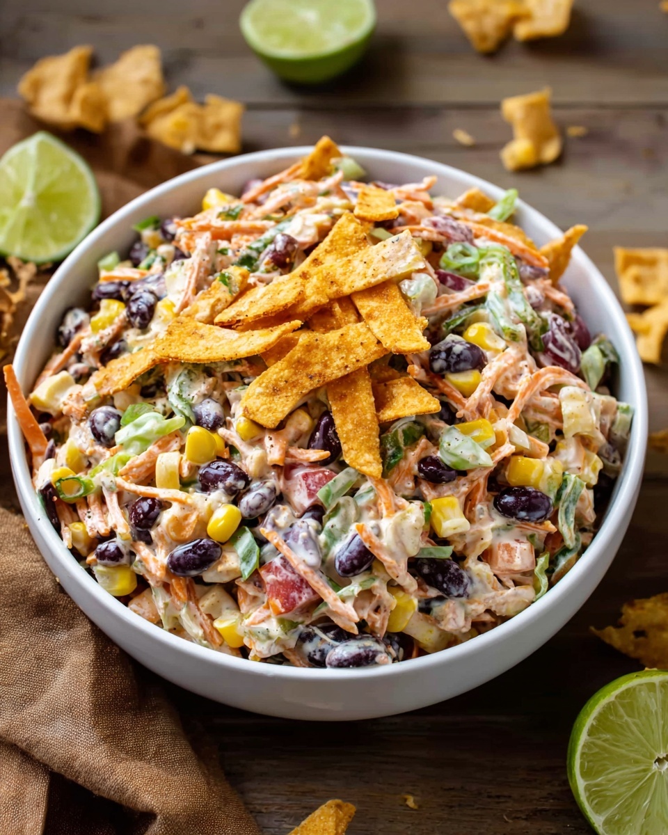 The image shows a close-up of a bowl filled with a colorful salad made of several layers. The bottom layer consists of small reddish-orange chips with a crisp texture. On top of this layer are black beans, yellow corn kernels, finely chopped green bell peppers, small pieces of red tomato, and shredded white cabbage mixed evenly throughout. The salad has a creamy dressing, coating all the ingredients lightly, giving a slightly glossy look. A sliced lime is partly visible in the background on a white marbled surface. The bowl is white and fills the majority of the frame, showing the salad’s vibrant colors and varied textures clearly. Photo taken with an iphone --ar 4:5 --v 7