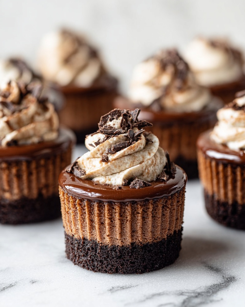 The image shows several small chocolate cupcakes placed on a surface with a white marbled texture. Each cupcake has three clear layers: the bottom is a dark, crumbly crust, the middle is a smooth milk chocolate cheesecake layer, and the top layer is a glossy chocolate ganache. On top of the ganache, there is a swirl of light brown whipped cream, sprinkled with small dark chocolate shavings. The cupcakes are in brown ridged paper liners, and the focus is on the cupcake in the center with others softly blurred in the background. photo taken with an iphone --ar 4:5 --v 7