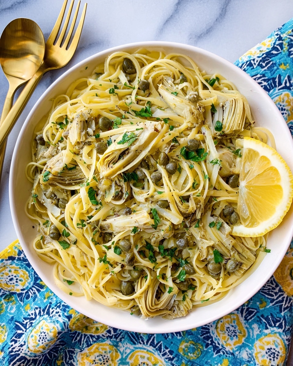 A white bowl is filled with three layers of food: the bottom layer shows thin, light yellow noodles forming a soft bed, the middle layer has pieces of pale green artichokes with some brown edges scattered evenly, and the top layer is a mix of small green herbs and capers sprinkled all over, adding spots of green and dark green colors; in one corner of the bowl, a wedge of bright yellow lemon is placed, and the bowl rests on a white marbled surface with a blue and white patterned cloth and wooden utensils blurred in the background. Photo taken with an iphone --ar 4:5 --v 7