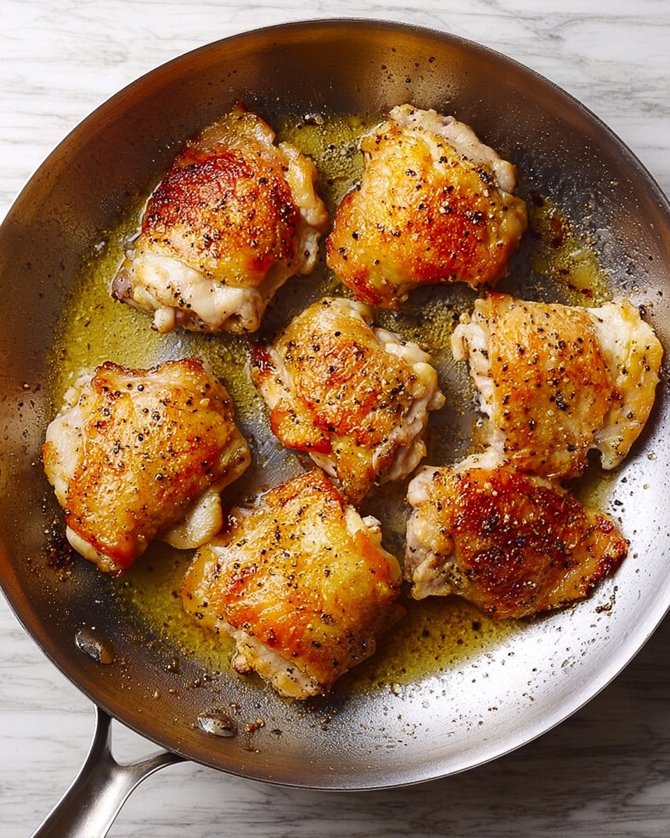 The image shows a metal frying pan filled with six pieces of cooked chicken with golden brown skin. The chicken pieces are spread out evenly, each piece showing crispy, lightly speckled skin with black pepper and a slight shine from cooking oil. The pan handle and the pan's inner silver surface are visible, the chicken resting on a shiny, slightly greasy base. The background is a white marbled surface. photo taken with an iphone --ar 4:5 --v 7