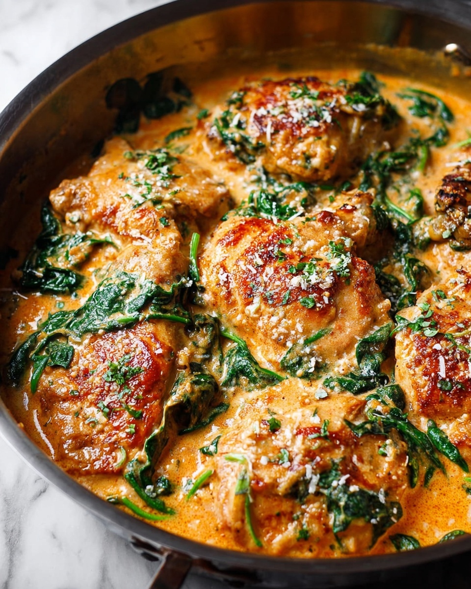 The image shows a close-up of a large metal pan filled with several golden brown cooked pieces on top, each layered with creamy orange sauce underneath, scattered with fresh bright green spinach leaves. The pieces have a slightly crispy texture with a sprinkle of white grated cheese and finely chopped herbs on top, adding texture and color contrast. The sauce looks thick and rich, filling the spaces between the pieces and spinach. The pan rests on a white marbled surface. photo taken with an iphone --ar 4:5 --v 7