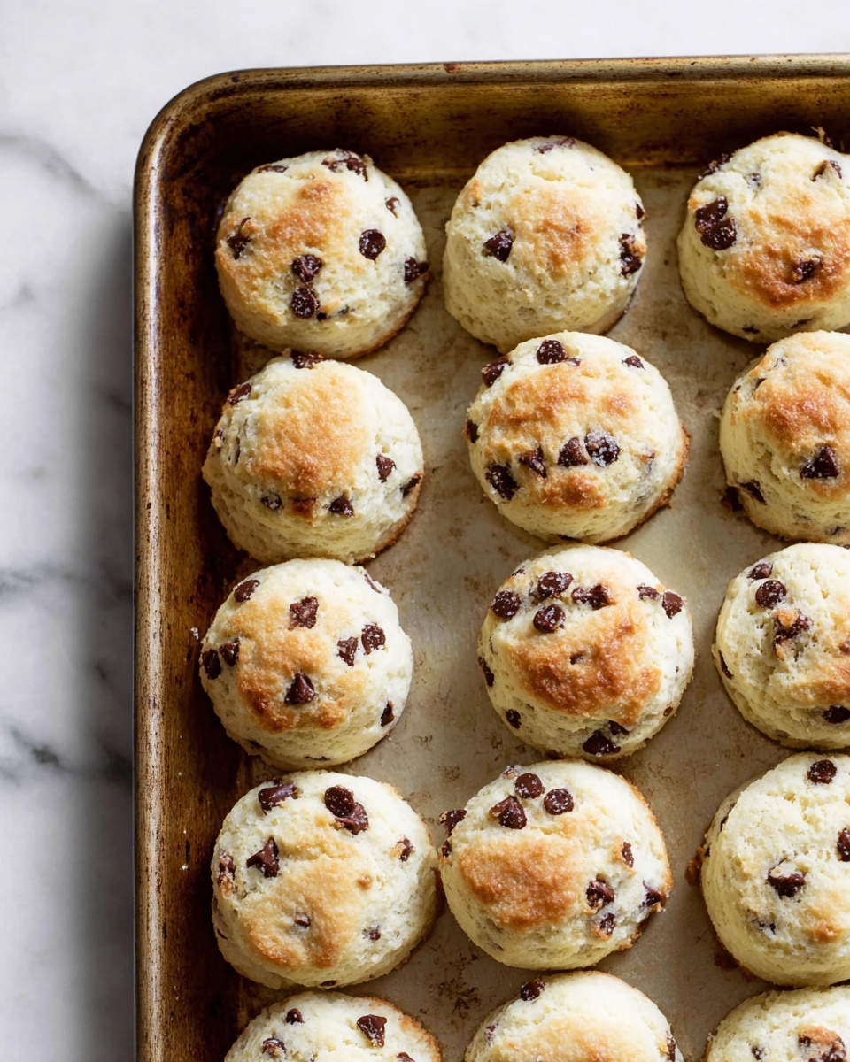 The image shows several round, light golden biscuits with small dark chocolate chips inside. Each biscuit has a thick layer of smooth, white icing dripping slightly down one side on the top. The biscuits are placed close to each other on a soft tan surface with a few dark chocolate chips scattered around. The texture of the biscuits looks soft and fluffy and the icing shines softly with a creamy finish. photo taken with an iphone --ar 4:5 --v 7