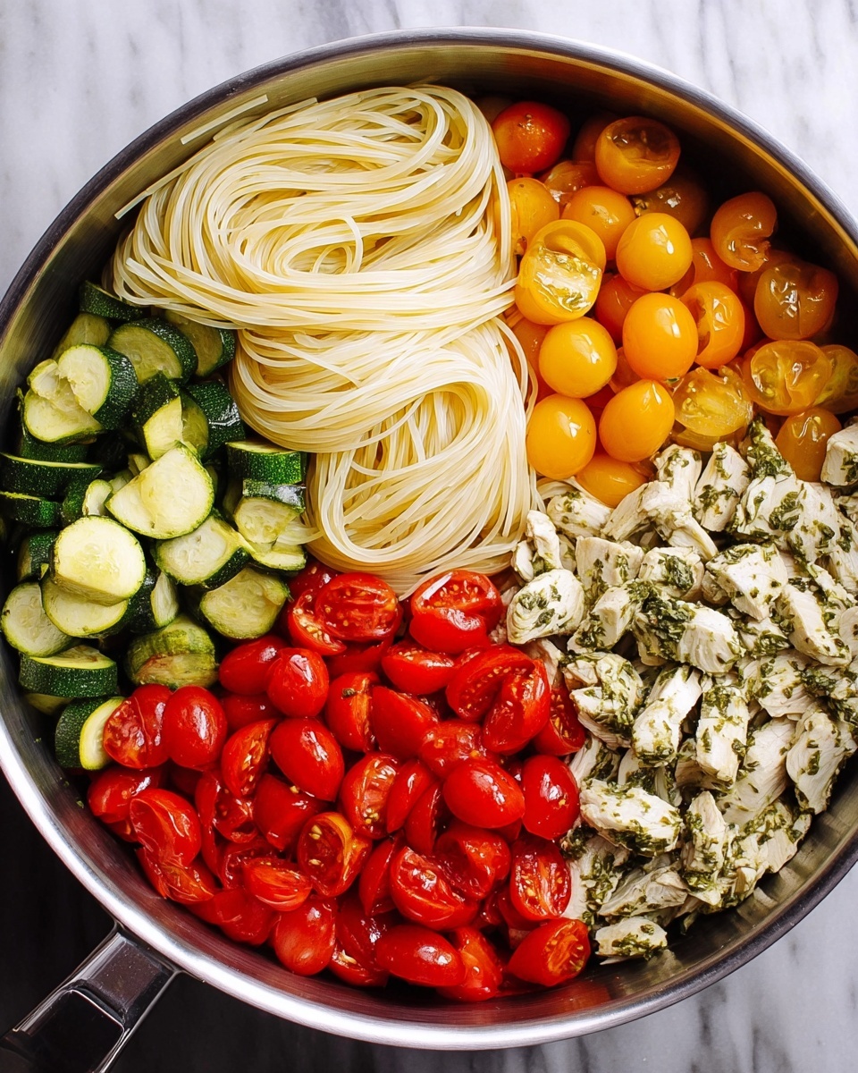 A close-up view of a large silver pan filled with five neat sections of food arranged in layers. In the top-left, there are uncooked white spaghetti noodles, smooth and slightly twisted. Next to it on the top-right, halves of yellow cherry tomatoes with a shiny, juicy texture. Below the spaghetti, on the left side, sliced green zucchini with a soft, cooked look, showing a bit of golden browning. Below the zucchini, bright red cherry tomatoes sliced in half, glossy and fresh. Finally, on the right side next to the red tomatoes, cooked pieces of white chicken mixed with green herbs, giving a slightly chunky texture. The pan sits on a white marbled surface. photo taken with an iphone --ar 4:5 --v 7