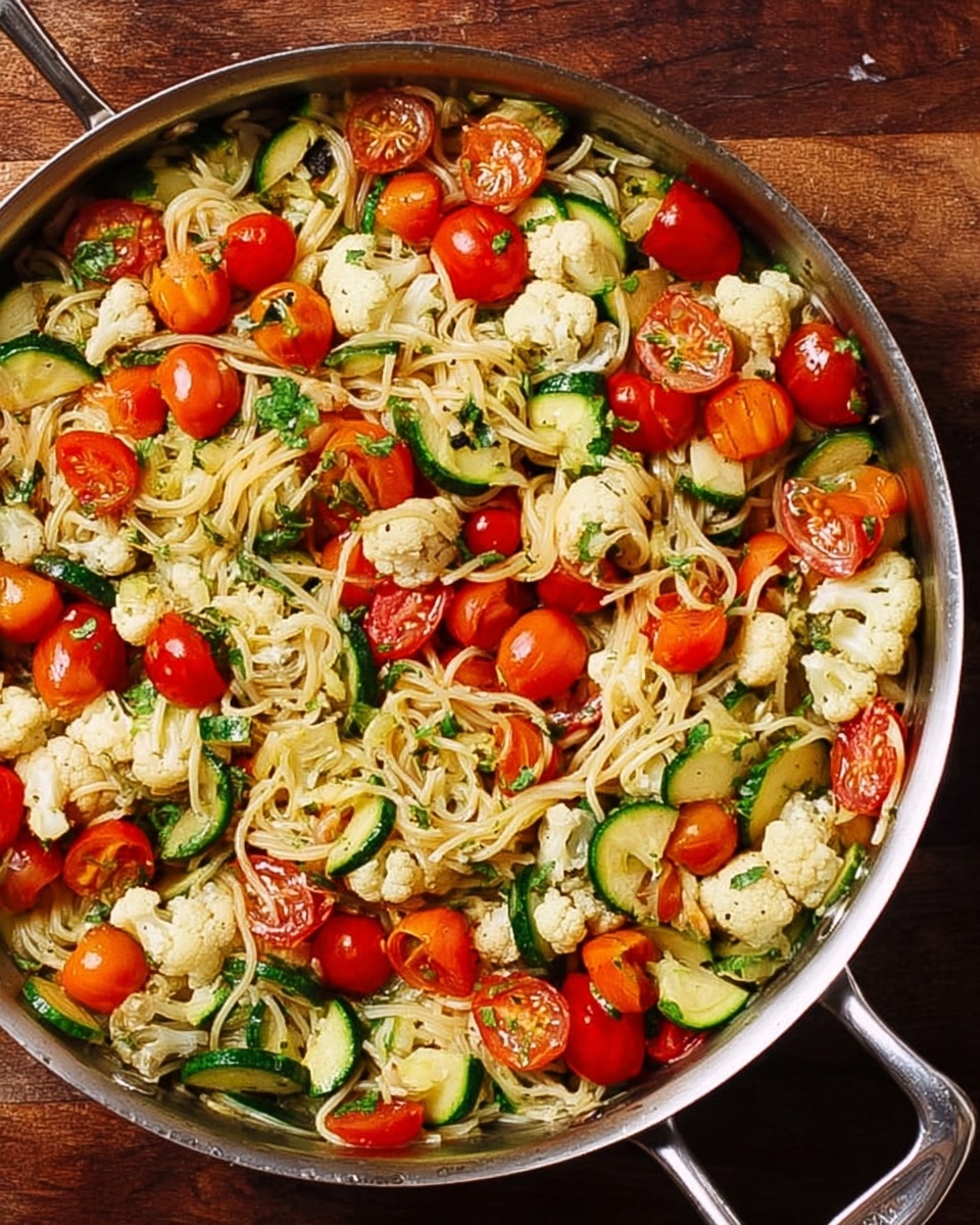 A large silver pan filled with a colorful mix of food layers, starting with a base of thin spaghetti noodles scattered throughout. On top of the noodles are bright red and orange cherry tomato halves, adding a juicy and fresh look. There are also green sliced zucchini pieces that are soft and slightly browned. Small white cauliflower florets are spread evenly, giving a slightly rough texture. The whole dish looks fresh and vibrant, with a mix of colors and textures blending together on a wooden surface. Photo taken with an iphone --ar 4:5 --v 7