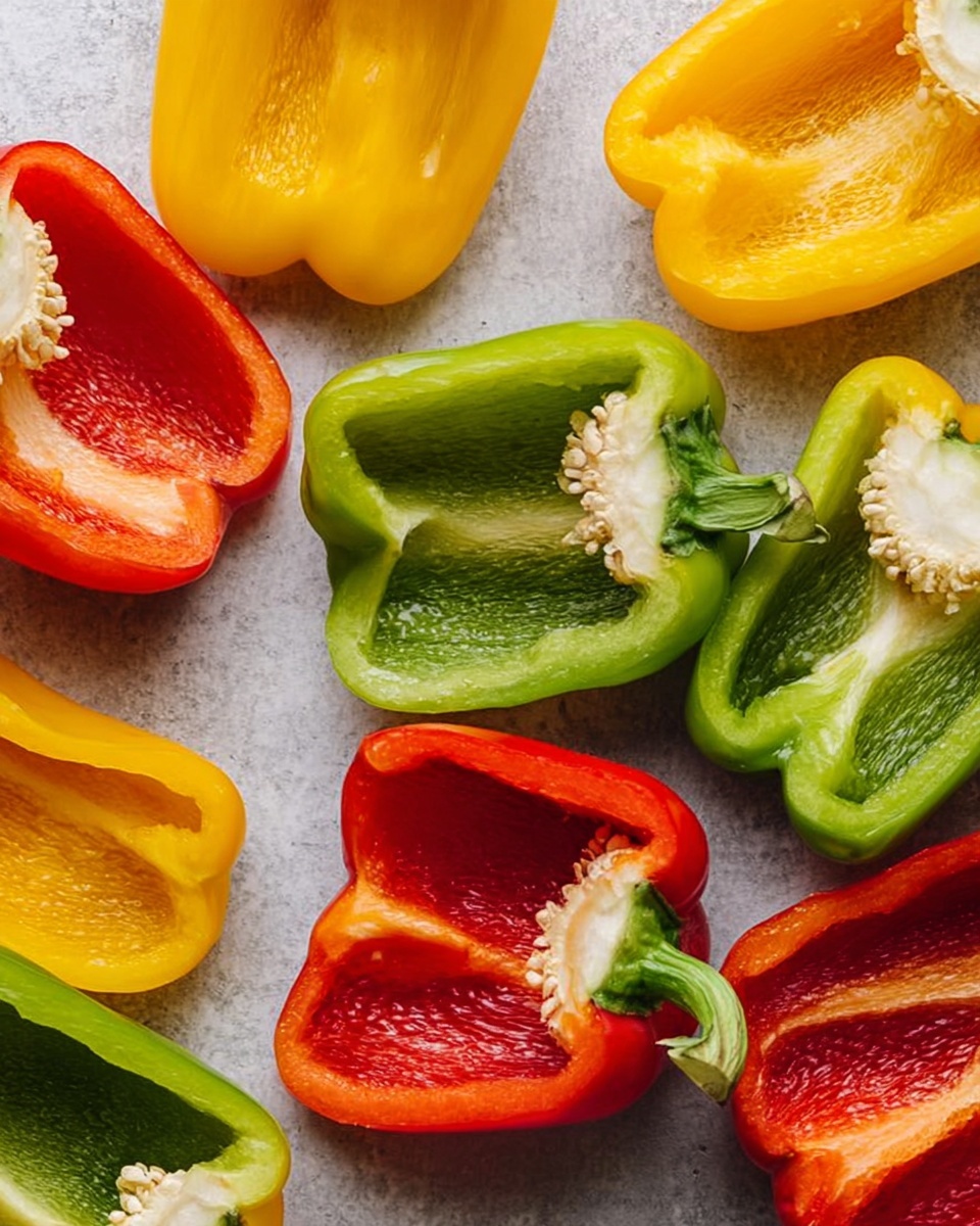 The image shows several halved bell peppers arranged on a sheet with a light gray texture. There are yellow, red, and green peppers, each sliced open to show their hollow inside. The peppers have smooth, shiny skin with some shine and moisture visible on the surface. Each half shows the stem end and the inner white ribs, clearly visible inside the peppers. The colors are bright and fresh, with the peppers slightly spaced apart from one another. The scene is simple, focusing only on the colorful peppers without any other items nearby. Photo taken with an iphone --ar 4:5 --v 7
