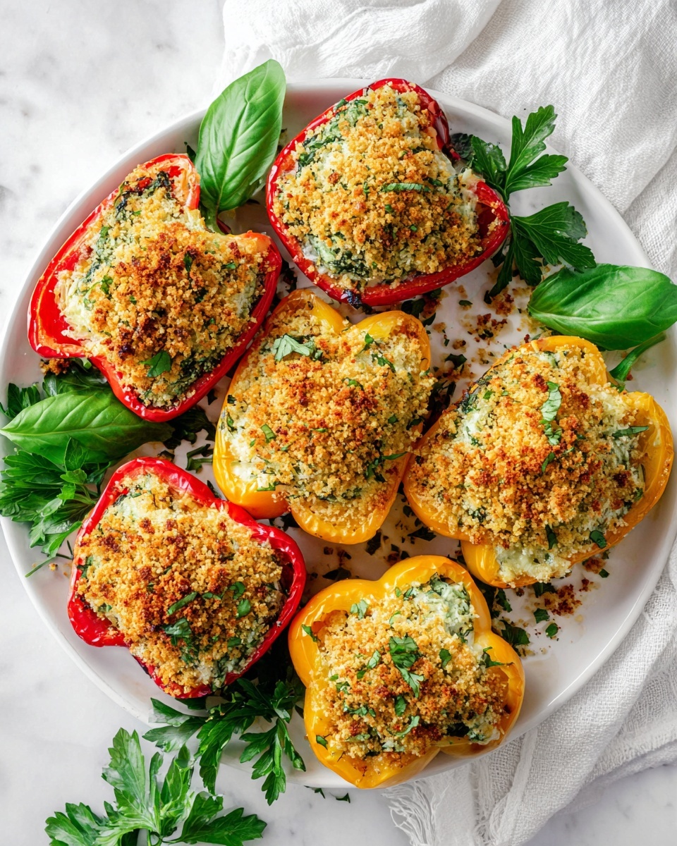 A white plate holds eight stuffed bell pepper halves arranged closely together, with a mix of red, yellow, and green peppers. Each pepper half is filled with a creamy, light green mixture speckled with herbs, topped with a golden brown crispy crumb layer that looks crunchy and slightly toasted. Around the peppers, bright green fresh parsley and basil leaves add a fresh touch. The plate sits on a white marbled surface with a soft white cloth nearby. The overall look is warm and inviting, with a good mix of colors and textures. photo taken with an iphone --ar 4:5 --v 7