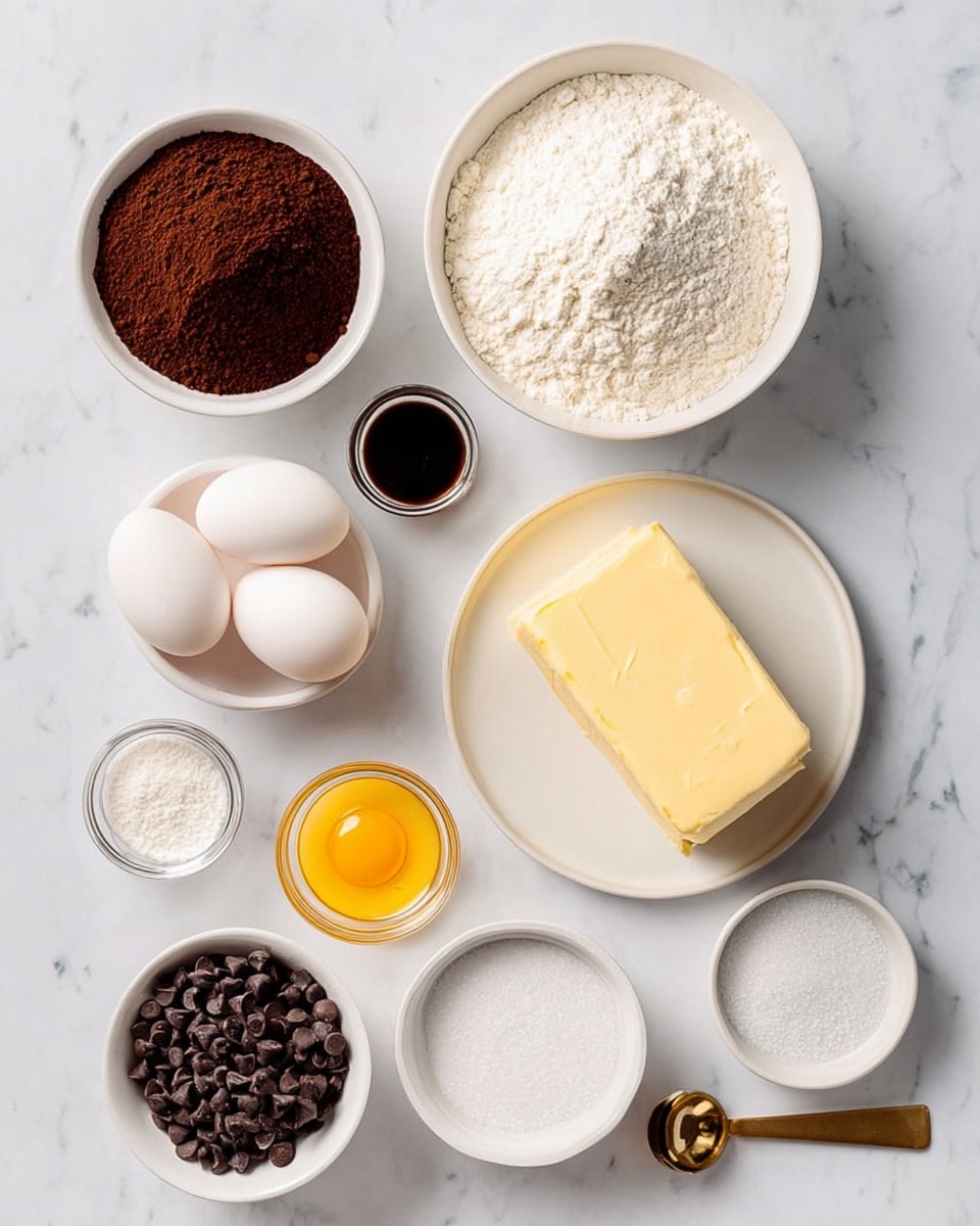 The image shows several ingredients arranged neatly on a white marbled surface. In the center, there is a white plate with a large block of pale yellow butter. Above it, a bigger white bowl filled with white flour. To the left, a smaller white bowl holds dark brown cocoa powder. Below the cocoa powder, a small glass cup contains dark vanilla extract. Moving down, there is a small glass bowl with a bright yellow egg yolk. Next to it, a white bowl holds two white eggs. Below, two tiny bowls, one with white salt and the other with a white powder, either baking soda or baking powder. On the right side, a white small plate contains white granulated sugar, and near it, a gold measuring spoon is filled with light brown sugar. Finally, at the bottom right corner, a small white dish holds dark chocolate chips. All the elements rest cleanly with simple lighting. Photo taken with an iphone --ar 4:5 --v 7