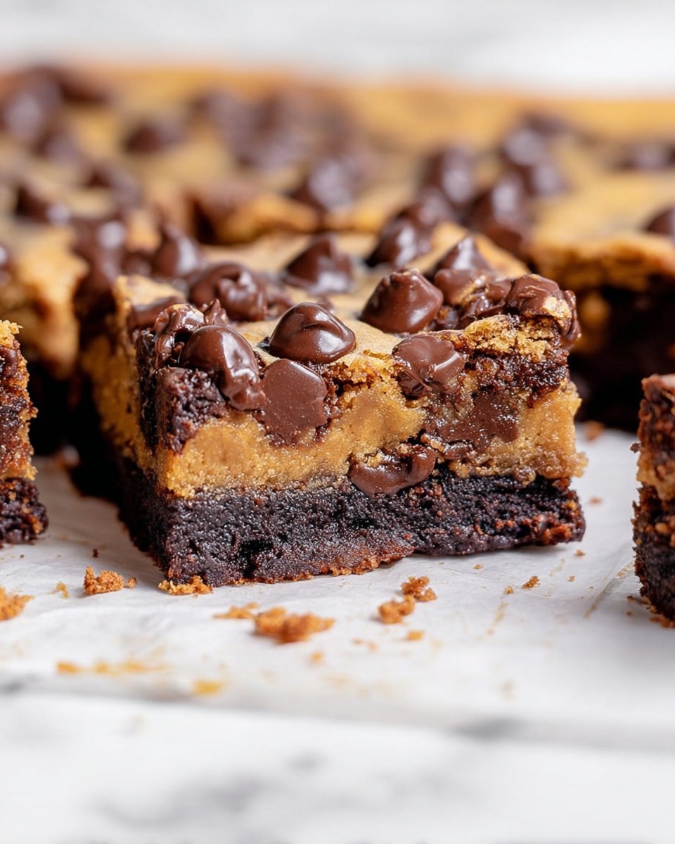 This image shows a close-up of a baked dessert made from a mix of chocolate brownie and cookie dough layers, forming a textured checkerboard pattern. The brownie parts are dark brown with a cracked, shiny top layer, while the cookie dough sections are golden brown and soft-looking. Scattered all over the dessert, on top of both brownies and cookies, are shiny, melted chocolate chips that create raised, smooth, glossy dollops of chocolate throughout the image. The background is a white marbled surface. photo taken with an iphone --ar 4:5 --v 7