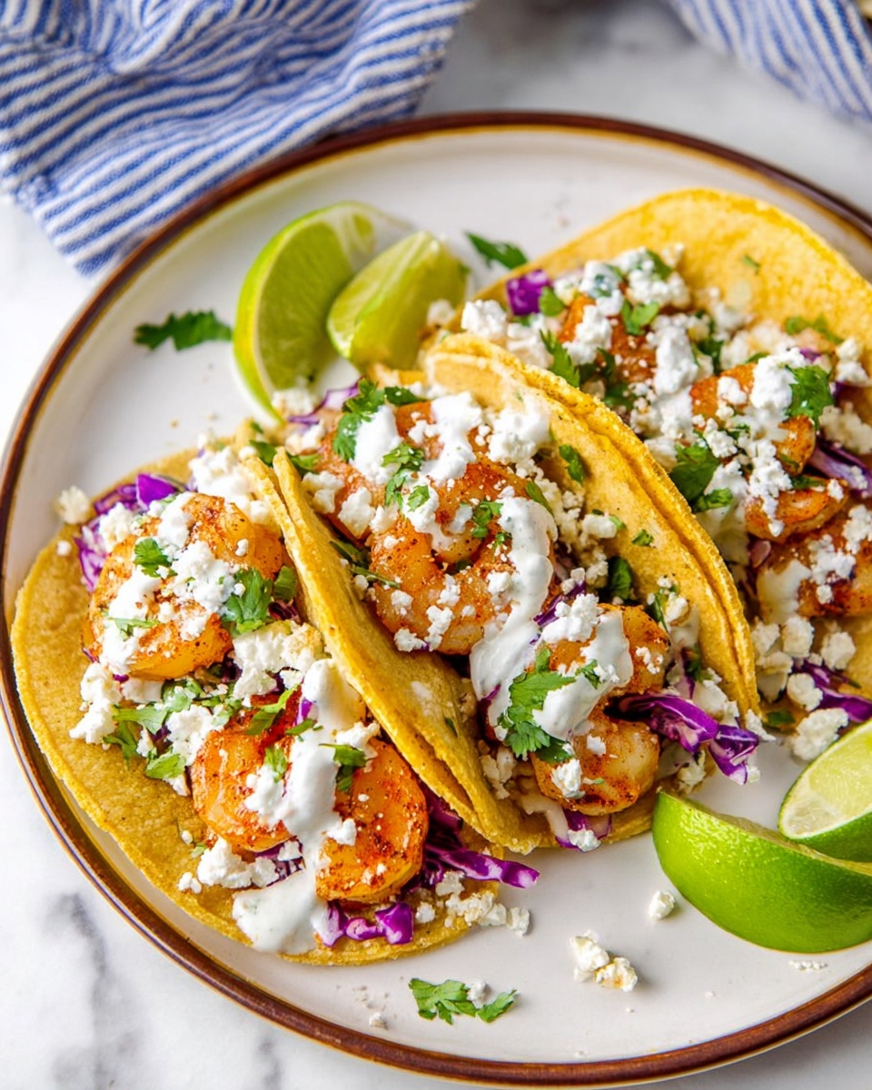 Three tacos on a white plate with a thin brown rim, each taco held in a yellow corn tortilla. Inside each taco, there are pieces of cooked shrimp with a slightly orange seasoning color, topped with shredded purple cabbage, white crumbly cheese, and chopped green cilantro leaves. A drizzle of white creamy sauce is spread over the shrimp and toppings. Two lime wedges, one green and one yellow, sit on the plate near the tacos. The plate is on a white marbled surface with a blue and white striped cloth nearby. Photo taken with an iphone --ar 4:5 --v 7