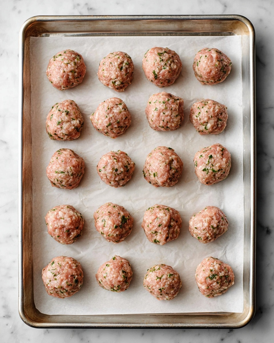 There is a silver baking tray lined with white parchment paper placed on a white marbled surface. On the tray, there are 20 uncooked meatballs arranged in a neat 4 by 5 grid. Each meatball is round with a rough texture, showing a pinkish color mixed with small green herb bits scattered throughout. The meatballs look moist and fresh, ready to be cooked. photo taken with an iphone --ar 4:5 --v 7