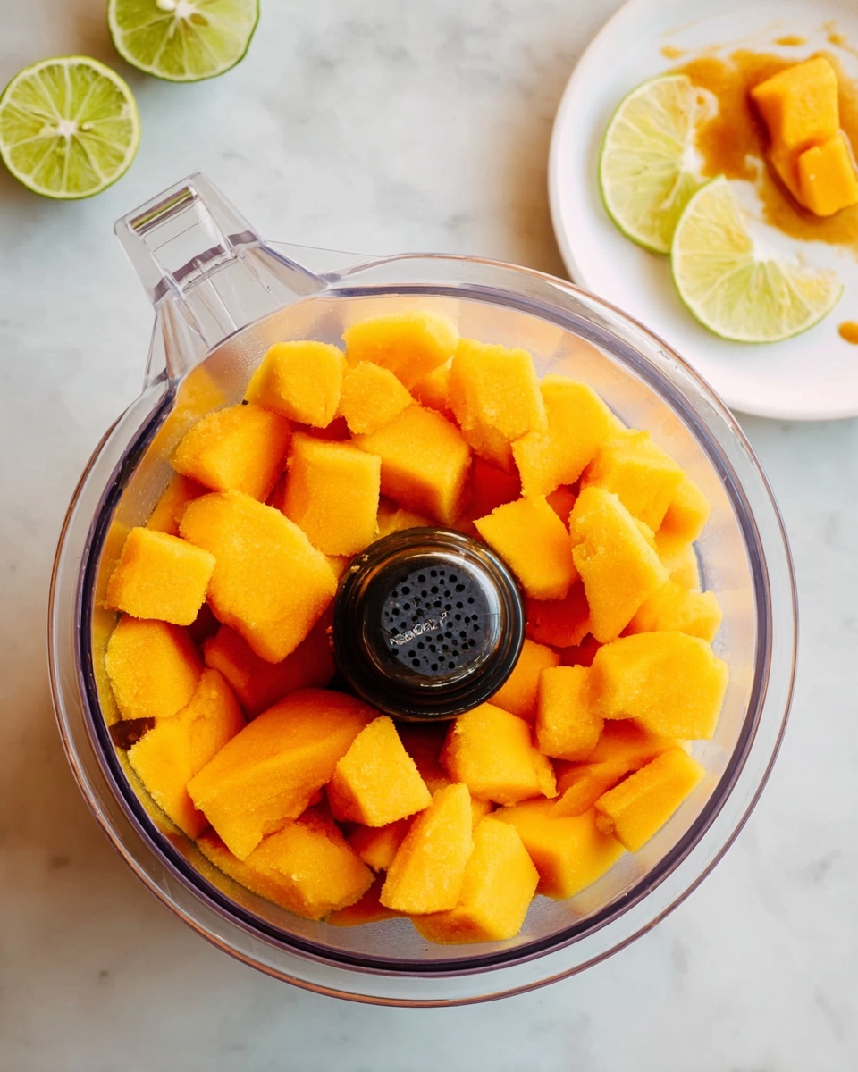 A top-down view of a clear food processor bowl filled with bright orange frozen mango chunks piled evenly inside, showing smooth, frosty textures. Next to the processor on the white marbled surface is a white plate with an orangey-brown sauce spot and three lime wedges with pale green and yellow skins. The scene is light and clean, focusing on the freshness and color contrast between the mango chunks and lime wedges. photo taken with an iphone --ar 4:5 --v 7