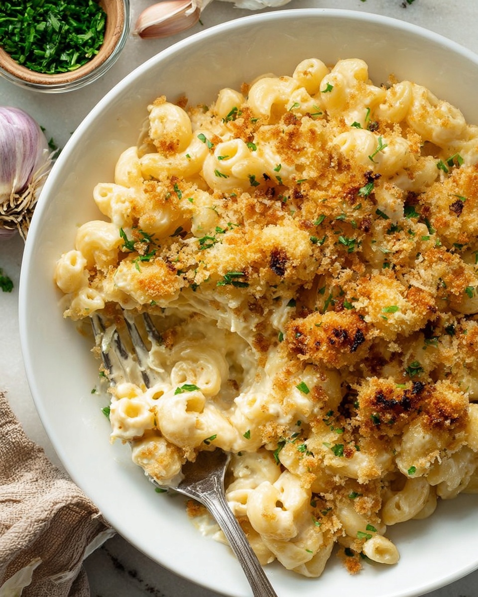 The image shows a close-up of macaroni and cheese in a white dish. The dish has two visible layers: the bottom layer is creamy, light yellow macaroni covered in melted cheese, and the top layer is a golden brown, crunchy breadcrumb topping with slightly darker spots where it is toasted. Small green pieces, likely chopped chives, are sprinkled on top, adding a fresh touch of color. A black spoon holds a scoop of the macaroni and cheese, showing the creamy texture of the pasta inside. The dish sits on a white marbled surface. photo taken with an iphone --ar 4:5 --v 7