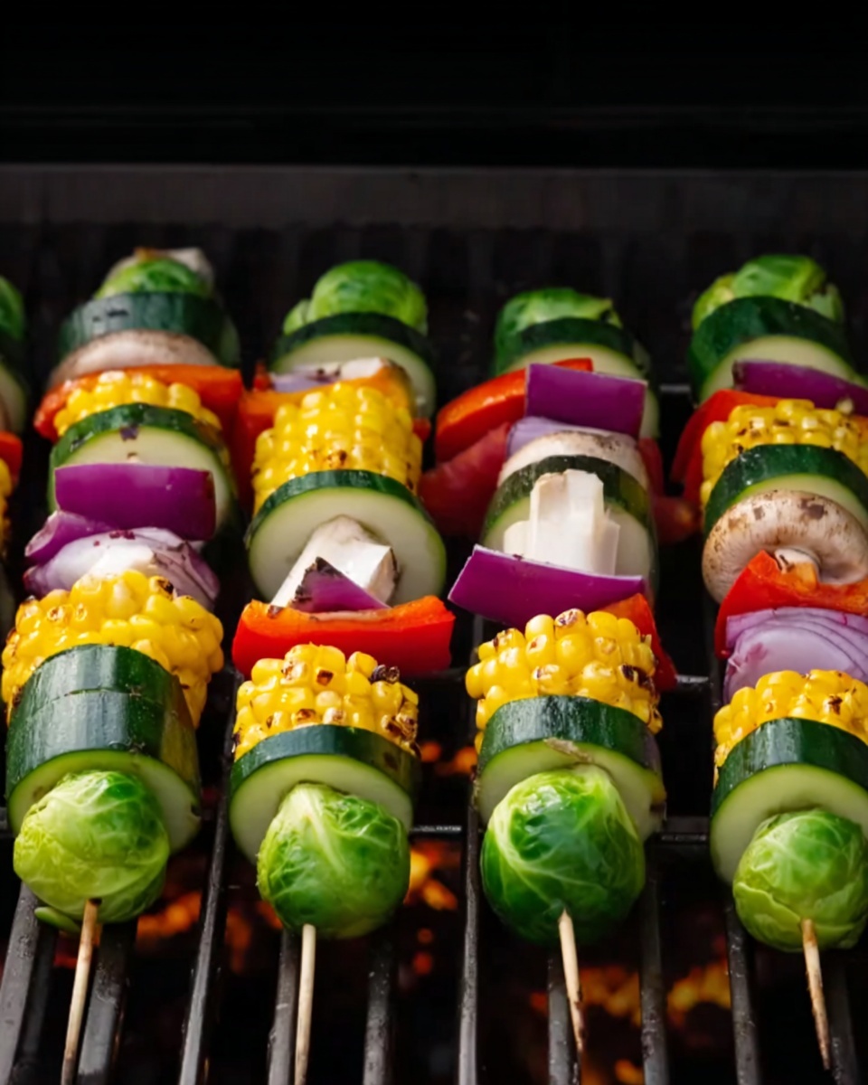 The image shows several vegetable skewers on a grill. Each skewer has layers starting from one end with bright green Brussels sprouts, followed by red bell pepper pieces, then yellow corn chunks with grill marks, thick slices of green cucumber, white mushrooms, and purple onion pieces. The vegetables are fresh and colorful, placed side by side on metal grill bars. The background is dark, making the vibrant colors of the vegetables stand out clearly. Photo taken with an iphone --ar 4:5 --v 7