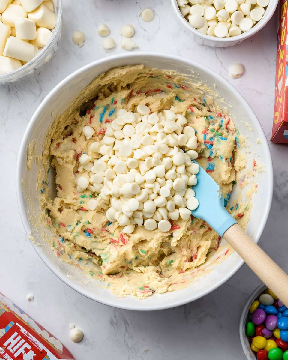 A white bowl filled with thick cookie dough that has small colorful sprinkles mixed inside. On top of the dough, there is a large pile of white chocolate chips covering most of the center. A light blue spatula with a wooden handle is partially submerged on the right side of the bowl. The bowl is sitting on a white marbled surface with scattered white chocolate chips near the top left, a carton of eggs at the bottom left, a bowl of more white chocolate chips in the top left, a box with colorful letters at the top right, and a small bowl of colorful candy at the bottom right. photo taken with an iphone --ar 4:5 --v 7