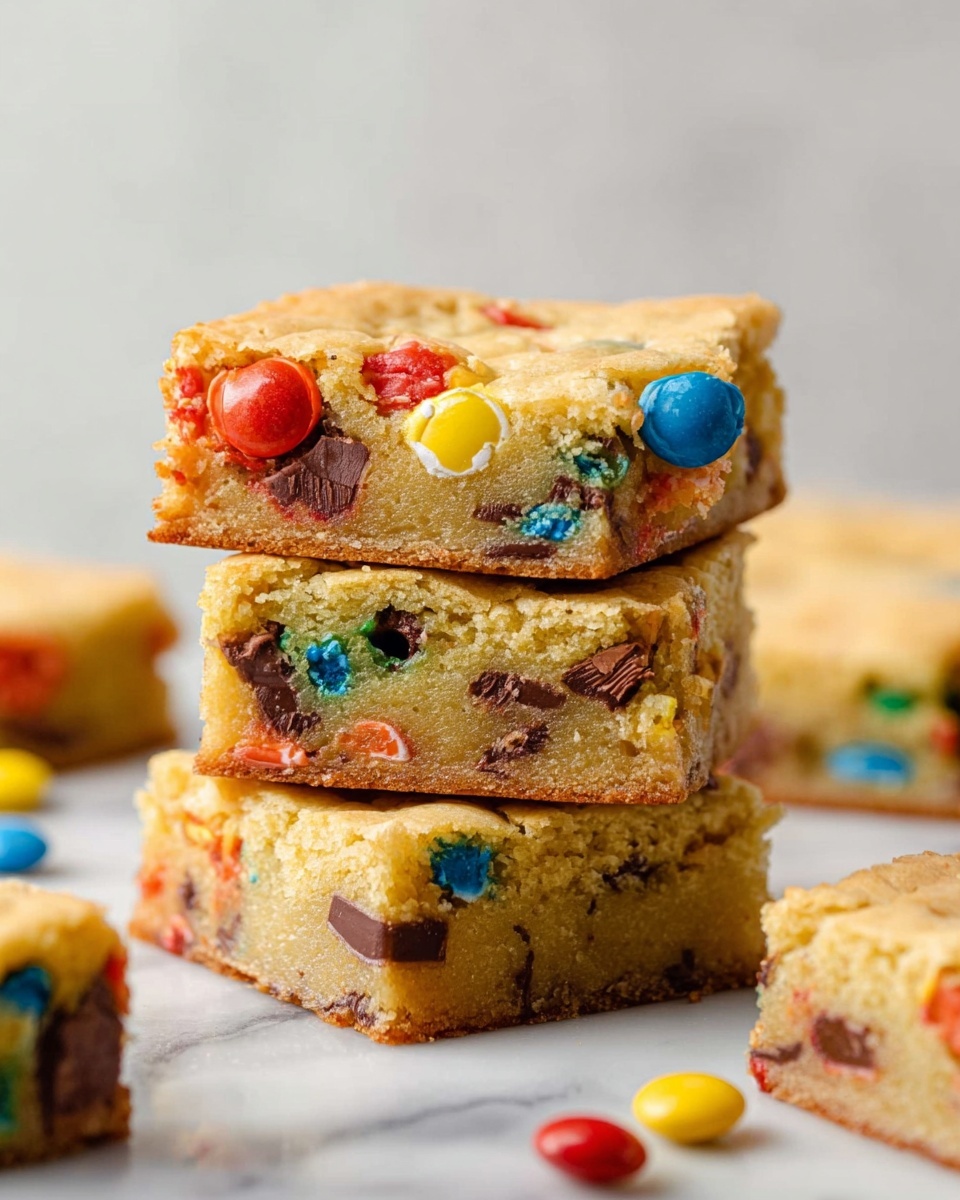 The image shows a stack of four square blondies with colorful candy pieces mixed inside and on top. The top layer has a pale golden-brown baked surface with red, blue, yellow, and orange candy pieces visible. Inside layers are soft and light yellow with more candy pieces and chunks of chocolate embedded throughout. The blondies are arranged on a white marbled surface, with some loose candies scattered around. Photo taken with an iphone --ar 4:5 --v 7