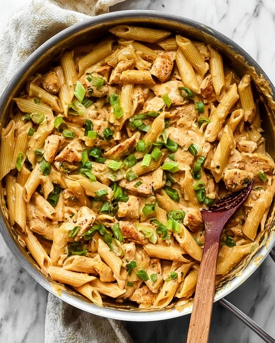 The image shows a large silver pan filled with penne pasta mixed with chunks of cooked chicken and a creamy sauce. The pasta is a light golden color, and the sauce looks thick and smooth with a slightly orange tint. Bright green sliced scallions are sprinkled generously on top, adding color contrast. A wooden spoon is resting inside the pan on the right side, partially submerged in the pasta. The background features a white marbled surface with a cloth napkin beneath the pan’s handle. The whole scene is brightly lit, making the dish look warm and inviting. photo taken with an iphone --ar 4:5 --v 7