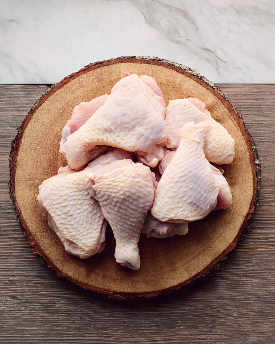 The image shows several pieces of raw chicken placed on a round wooden board. The chicken pieces are pale pink with some white skin texture, arranged closely together in a casual pile. The board has a natural wood grain and round shape with bark edges. The background is a white marbled texture. Photo taken with an iphone --ar 4:5 --v 7