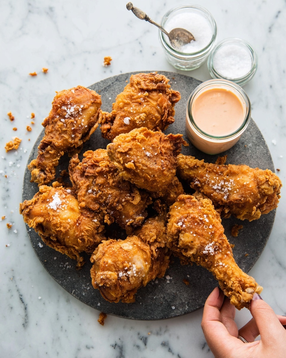 A round dark gray slate plate holds six pieces of golden brown fried chicken with a crispy and crunchy texture, sprinkled with coarse salt. Next to the chicken, there is a small clear glass jar with a light pink creamy dipping sauce and an open glass jar of white salt. A woman's hand is reaching from the bottom right corner, holding one chicken drumstick. The whole setting is placed on a white marbled surface with some crumbs scattered around. Photo taken with an iphone --ar 4:5 --v 7