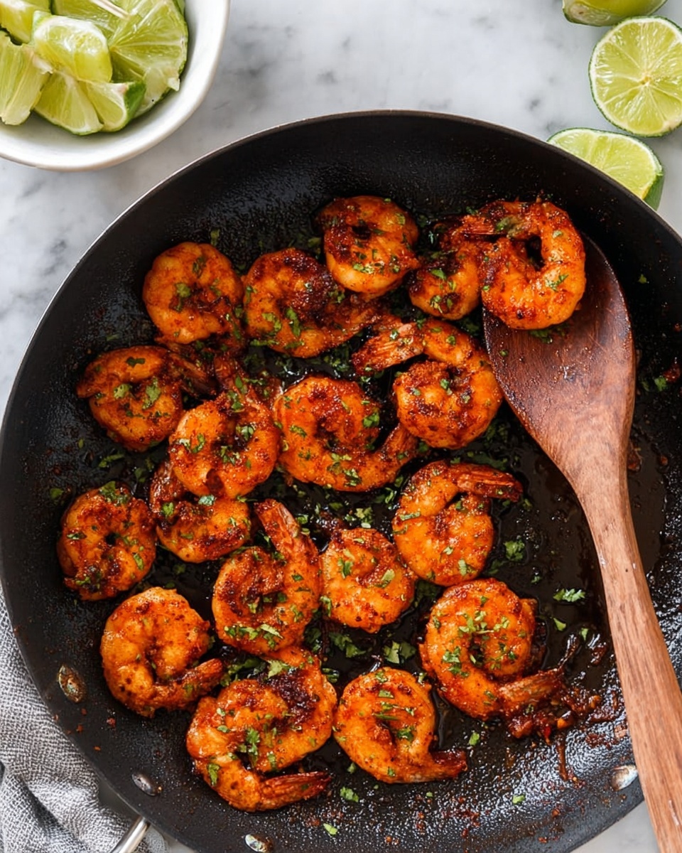 A close-up of a black pan filled with several cooked shrimp, each covered in a reddish-orange seasoning with some pieces showing charred bits. The shrimp are arranged evenly inside the pan, sprinkled with small green herb pieces on top. A wooden spoon rests on the right side of the pan, partially touching the shrimp. In the upper left corner, a white bowl holds lime wedges against a white marbled surface background, with additional lime pieces scattered nearby. photo taken with an iphone --ar 4:5 --v 7