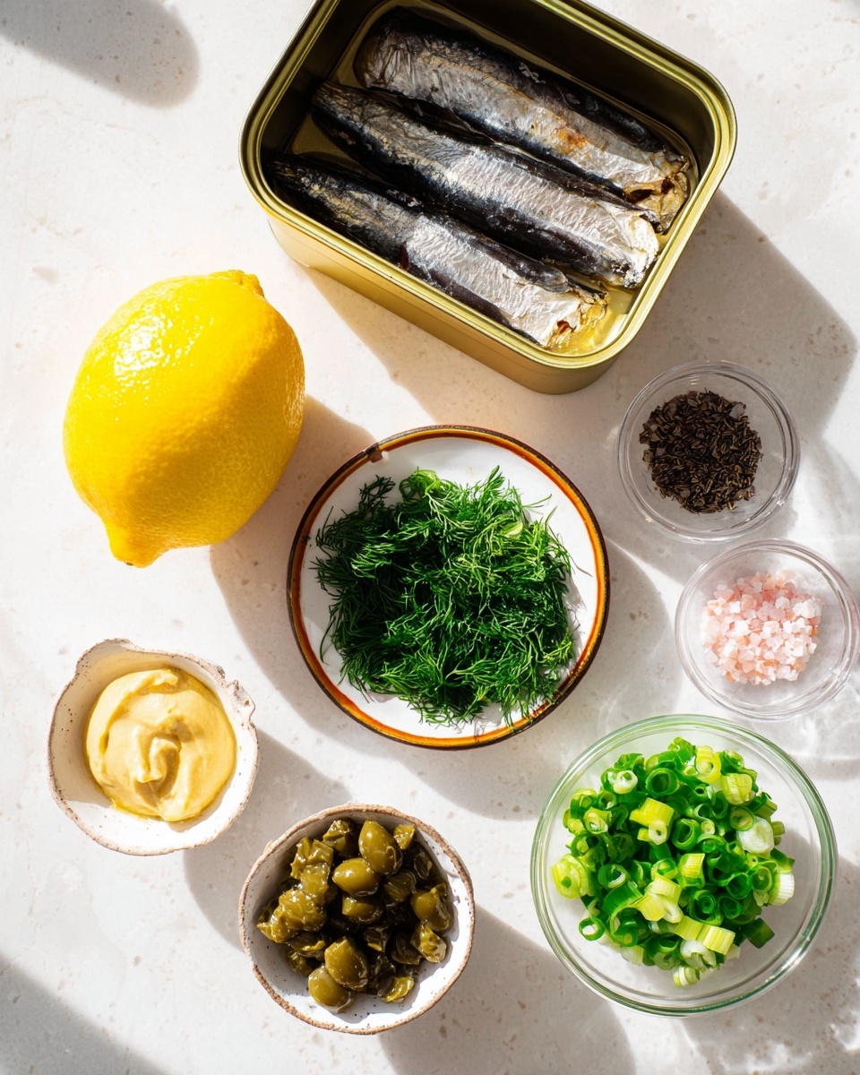 The image shows a top view of fresh ingredients arranged on a white marbled surface. On the left, a whole bright yellow lemon sits next to an open, shiny metallic tin containing three dark, oily sardines. Above the tin, a small white bowl with a brown rim is filled with finely chopped green dill, and on the right side of this bowl, another small white bowl with a brown rim holds cracked black pepper. Below the bowls and sardines are a small clear glass bowl of light beige mustard, a brown-rimmed white bowl with green capers, a clear bowl filled with chopped green onions, and another small brown-rimmed white bowl with pink salt. The sunlight casts soft shadows across the scene, adding depth to the bright, fresh colors. photo taken with an iphone --ar 4:5 --v 7