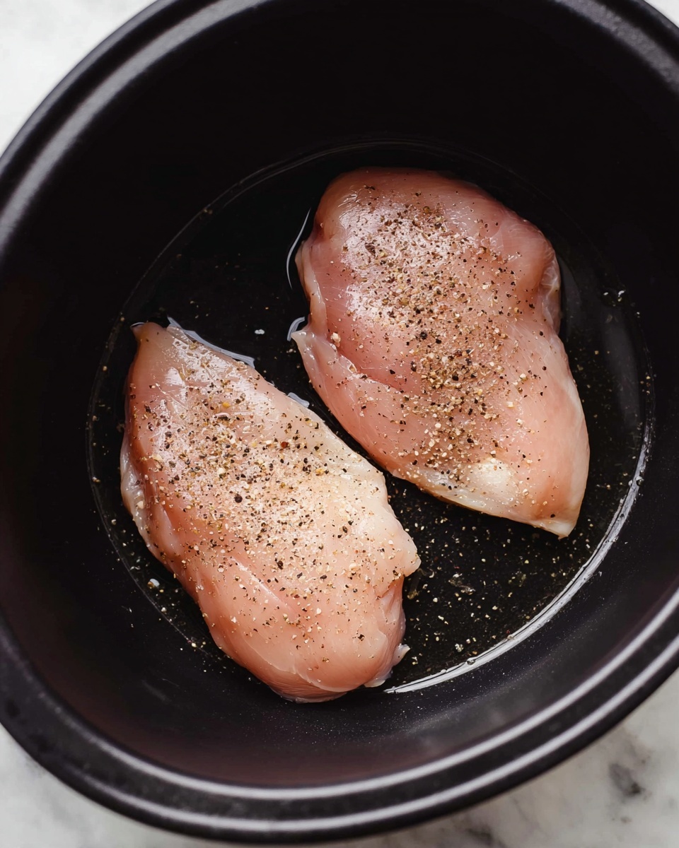 Two raw chicken pieces with a pinkish color lie flat inside a black cooking pot. Each piece is sprinkled with coarse salt and black pepper, giving a speckled look on their smooth surfaces. The chicken is lightly shiny with a small amount of oil visible around them. The pot has a glossy black inside with curved edges, and the scene is set on a white marbled surface. photo taken with an iphone --ar 4:5 --v 7