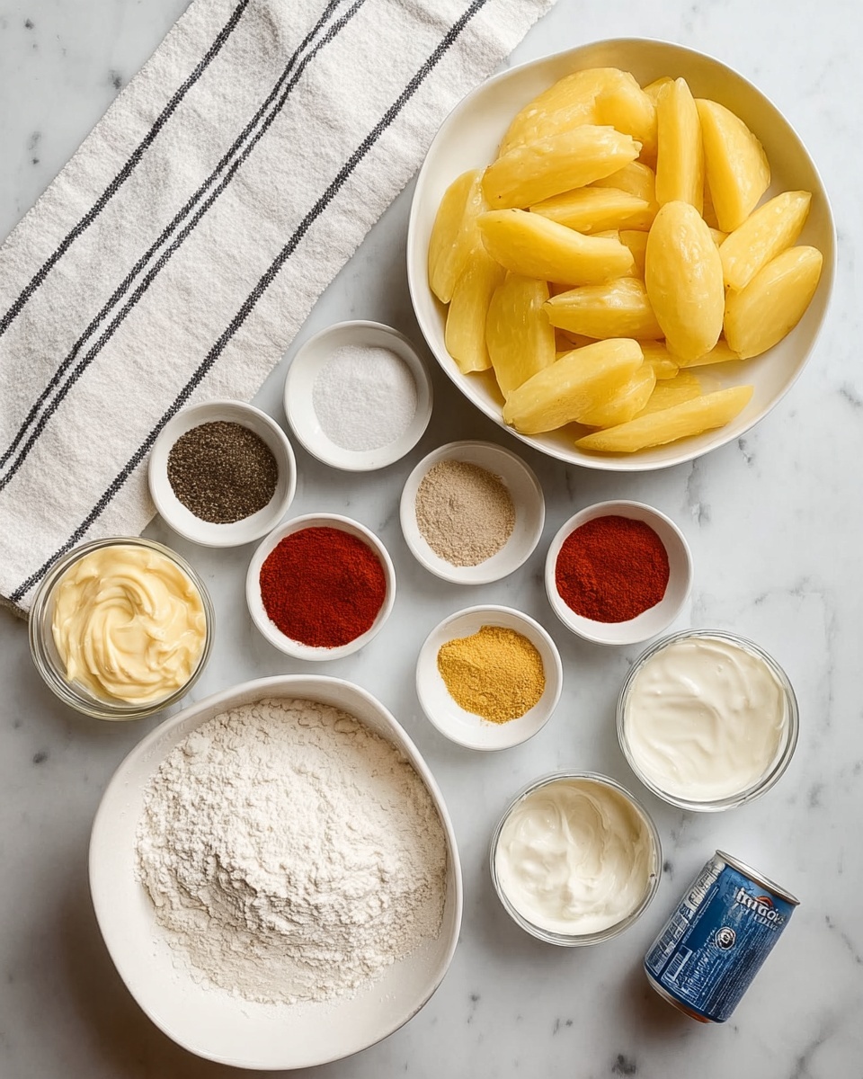 The image shows a white bowl filled with peeled and sliced yellow potatoes on the top right. Around it, there are small white bowls containing various spices and ingredients, including reddish powder, black pepper, coarse salt, turmeric powder, garlic powder, sugar, and creamy mayonnaise-like sauce. There is a larger white bowl filled with white flour at the bottom left. A can of soda or sparkling water lies on the lower right. All the bowls and the can are placed on a white marbled surface with a white cloth with black stripes on the top left corner. photo taken with an iphone --ar 4:5 --v 7
